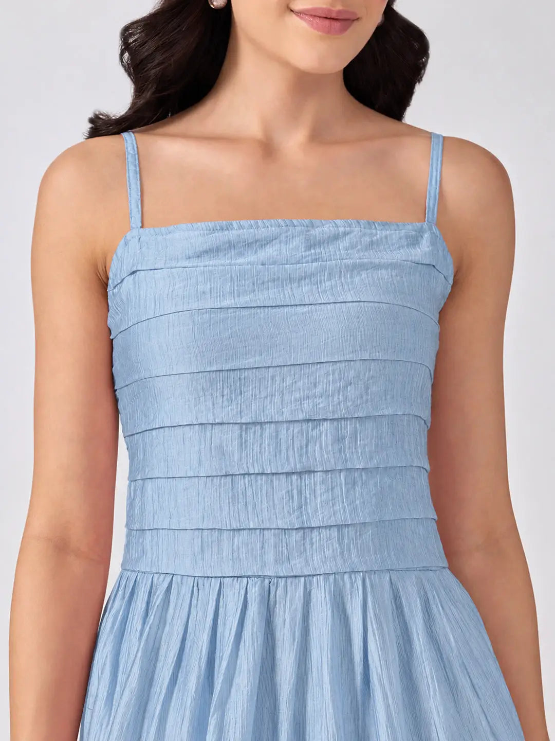 Women's Blue Shoulder Strap Fit & Flare Tiered Maxi Dress
