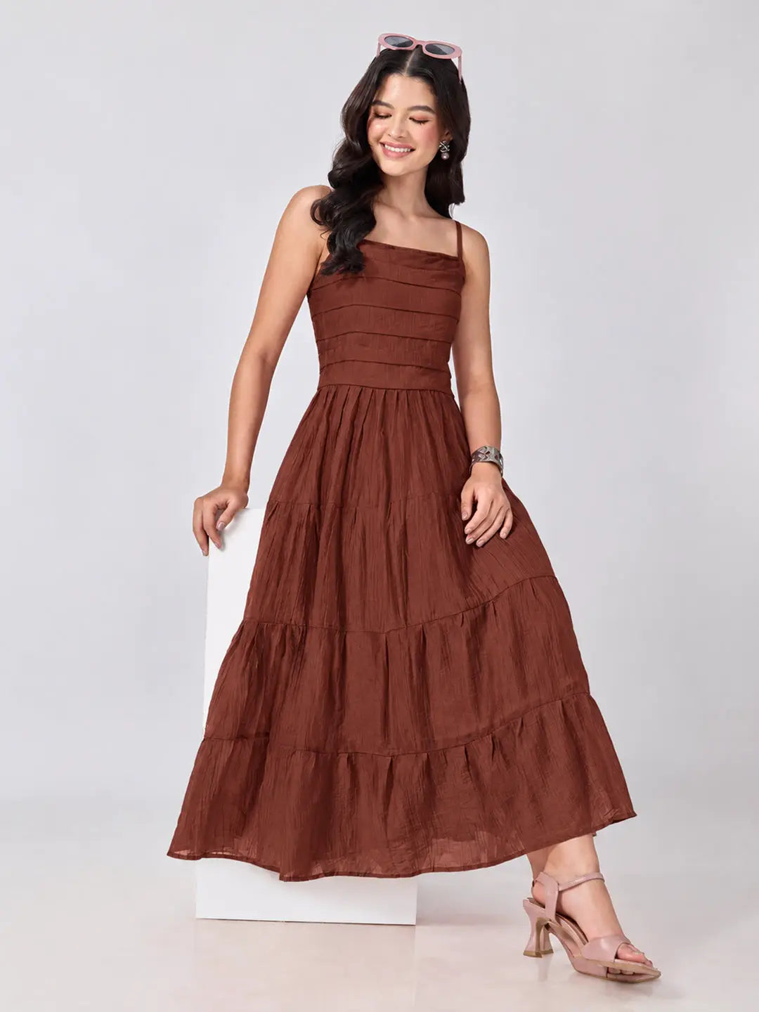 Women's Brown Shoulder Strap Fit & Flare Tiered Maxi Dress