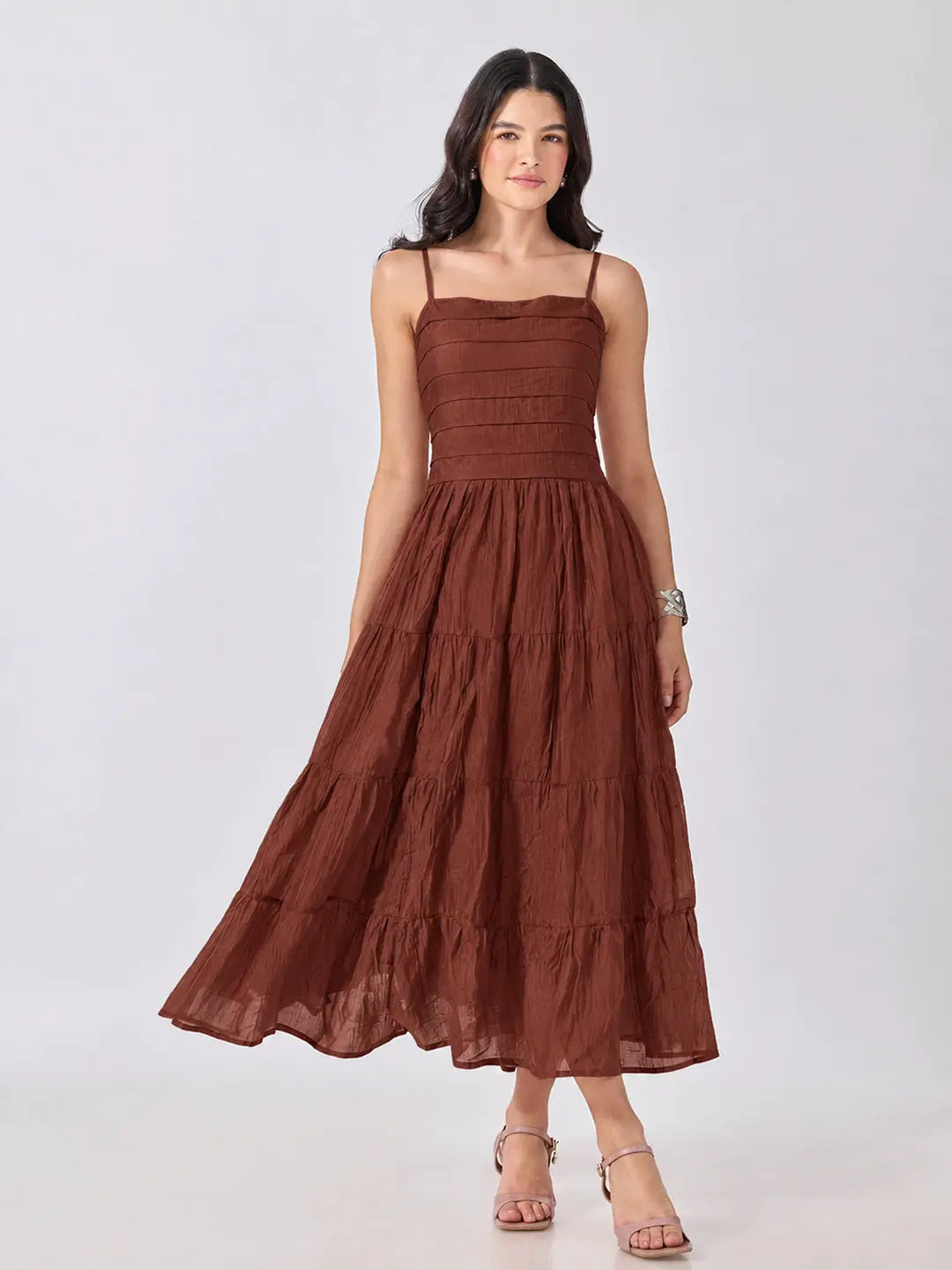 Women's Brown Shoulder Strap Fit & Flare Tiered Maxi Dress