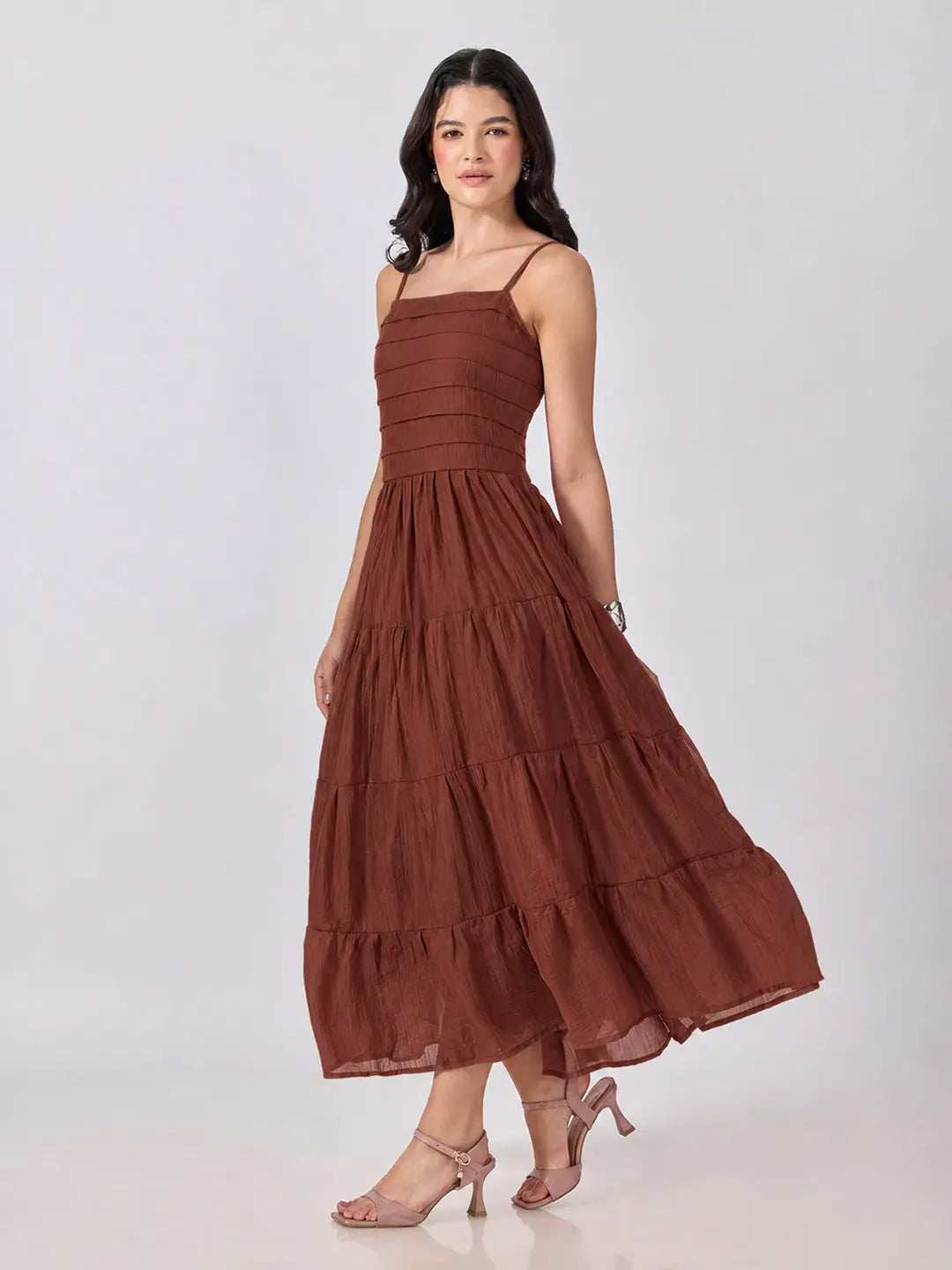 Women's Brown Shoulder Strap Fit & Flare Tiered Maxi Dress