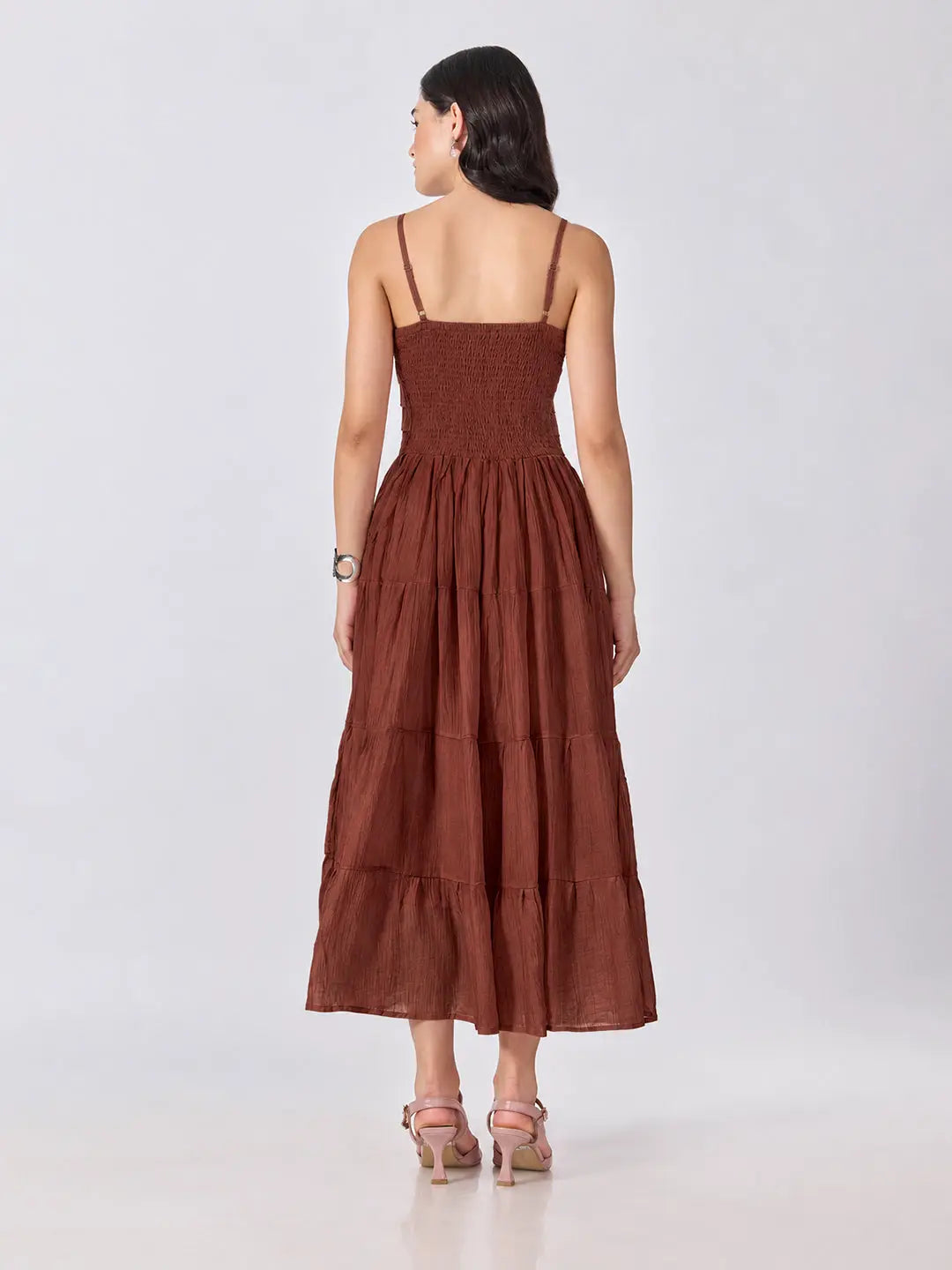 Women's Brown Shoulder Strap Fit & Flare Tiered Maxi Dress