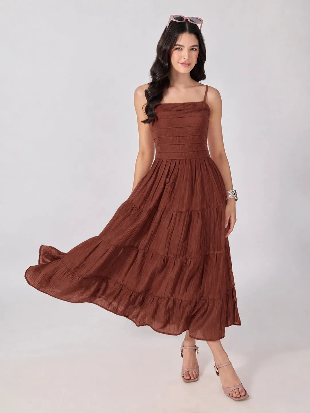 Women's Brown Shoulder Strap Fit & Flare Tiered Maxi Dress
