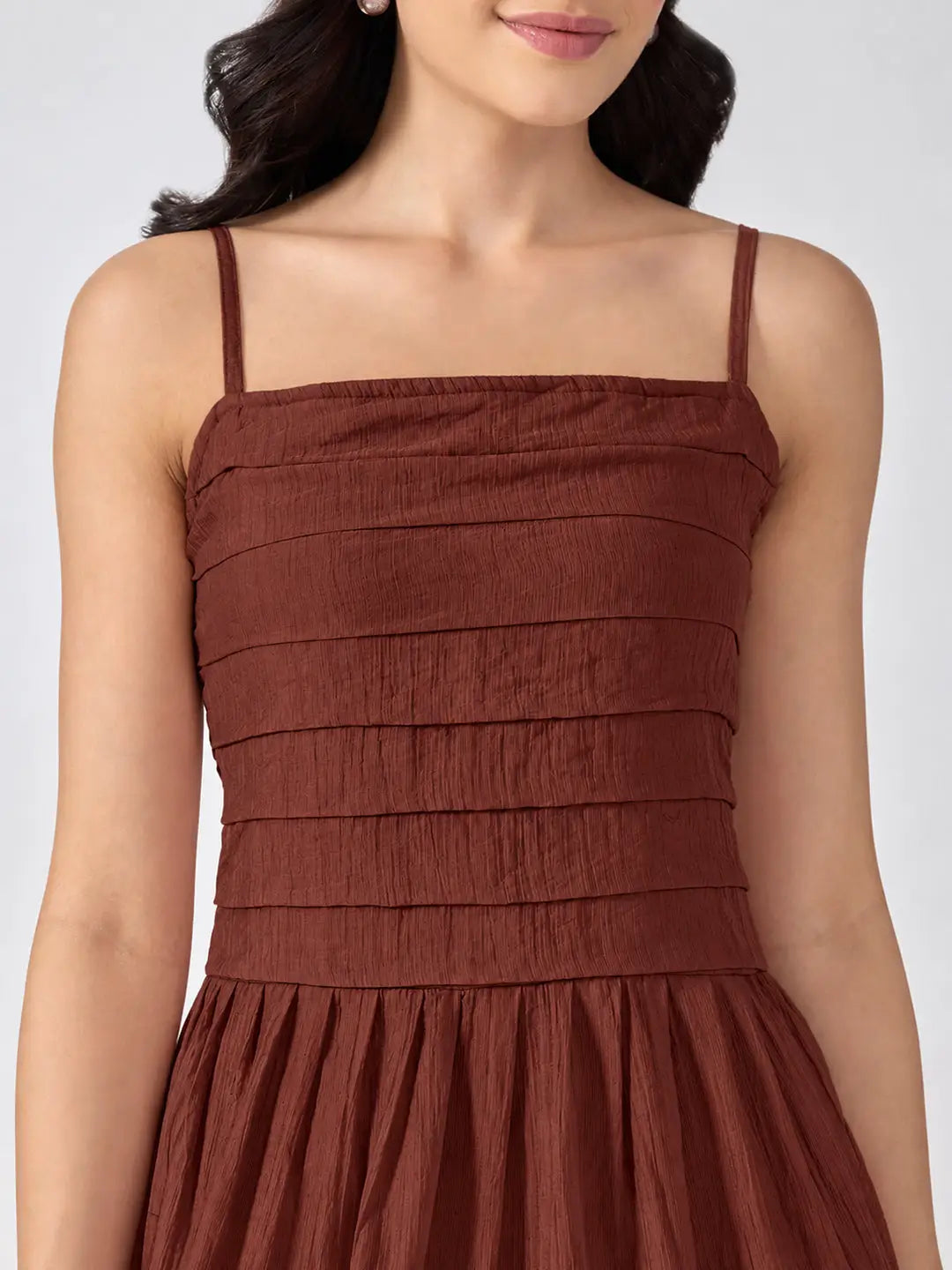 Women's Brown Shoulder Strap Fit & Flare Tiered Maxi Dress