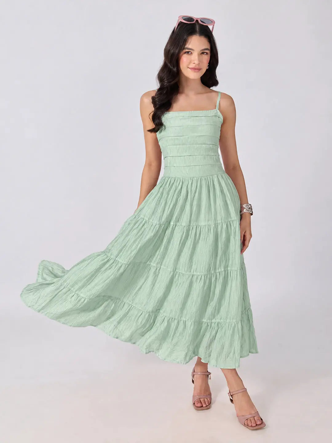 Women's Green Shoulder Strap Fit & Flare Tiered Maxi Dress