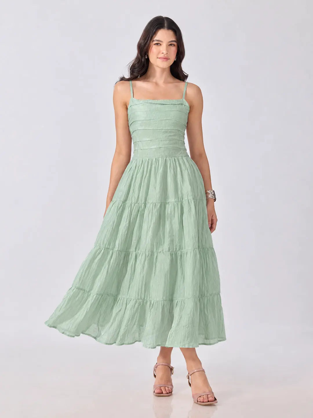 Women's Green Shoulder Strap Fit & Flare Tiered Maxi Dress