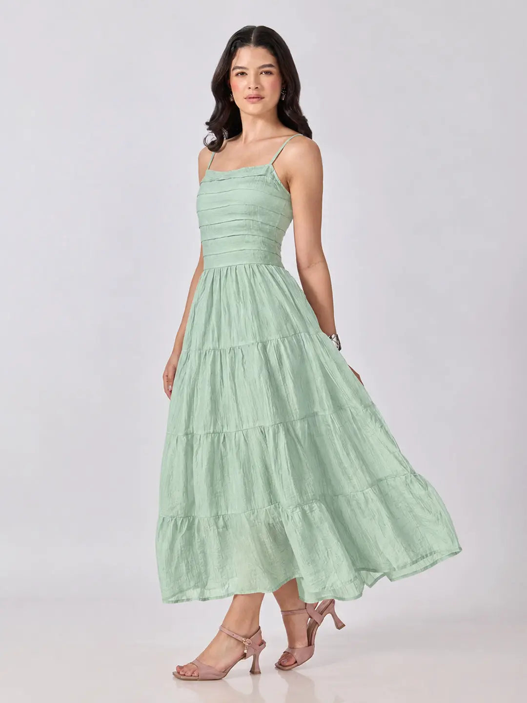 Women's Green Shoulder Strap Fit & Flare Tiered Maxi Dress