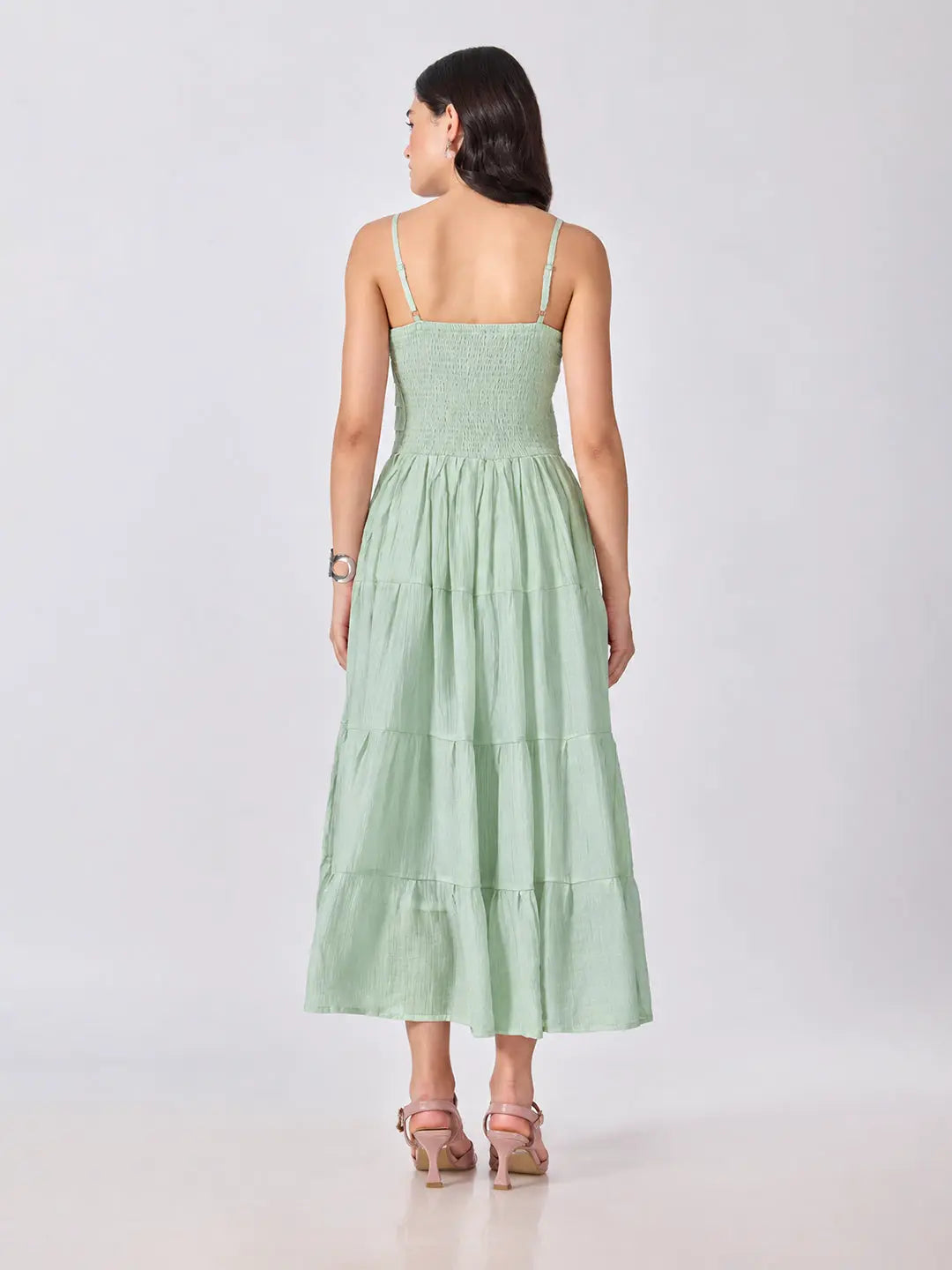 Women's Green Shoulder Strap Fit & Flare Tiered Maxi Dress