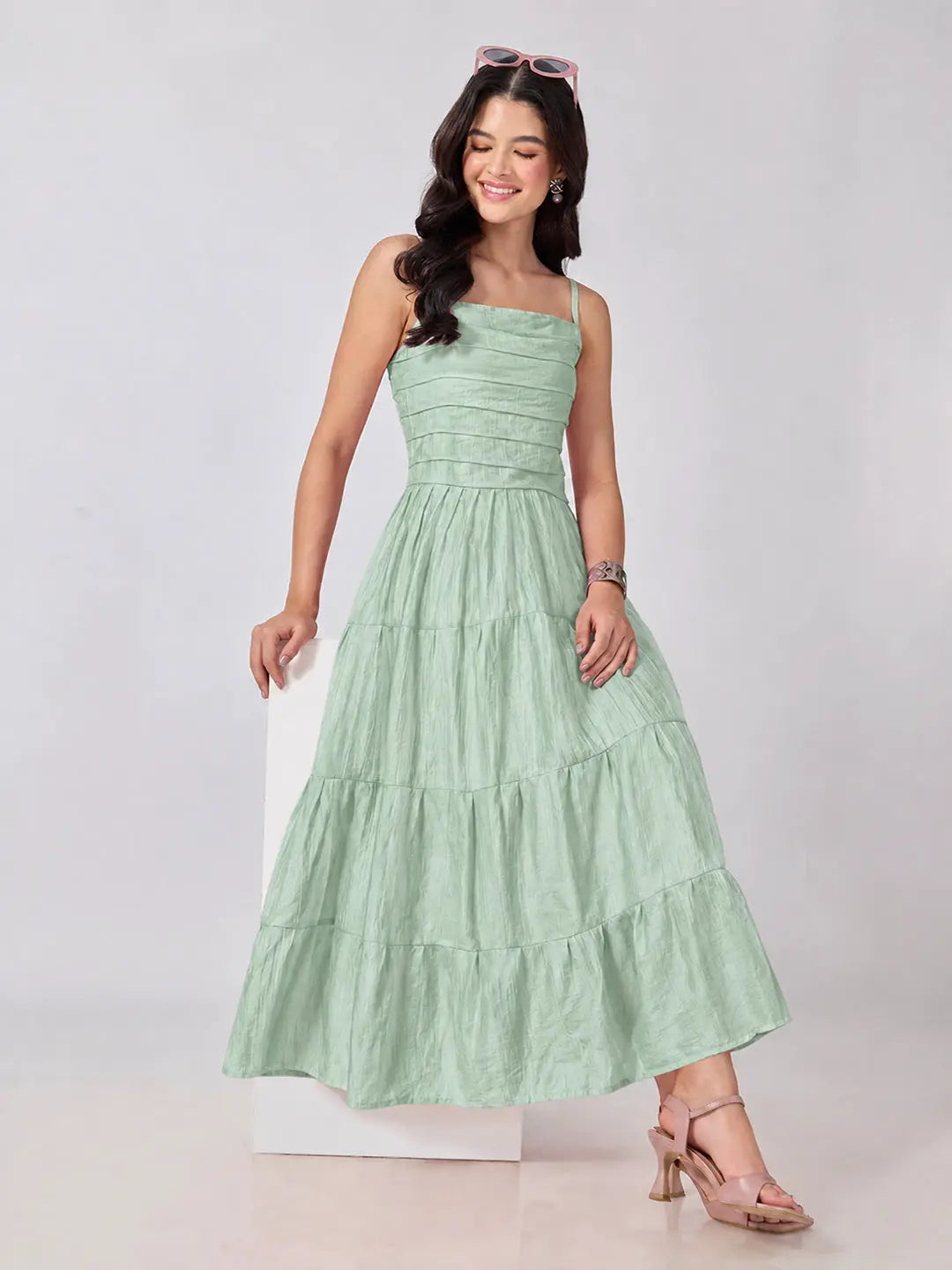 Women's Green Shoulder Strap Fit & Flare Tiered Maxi Dress