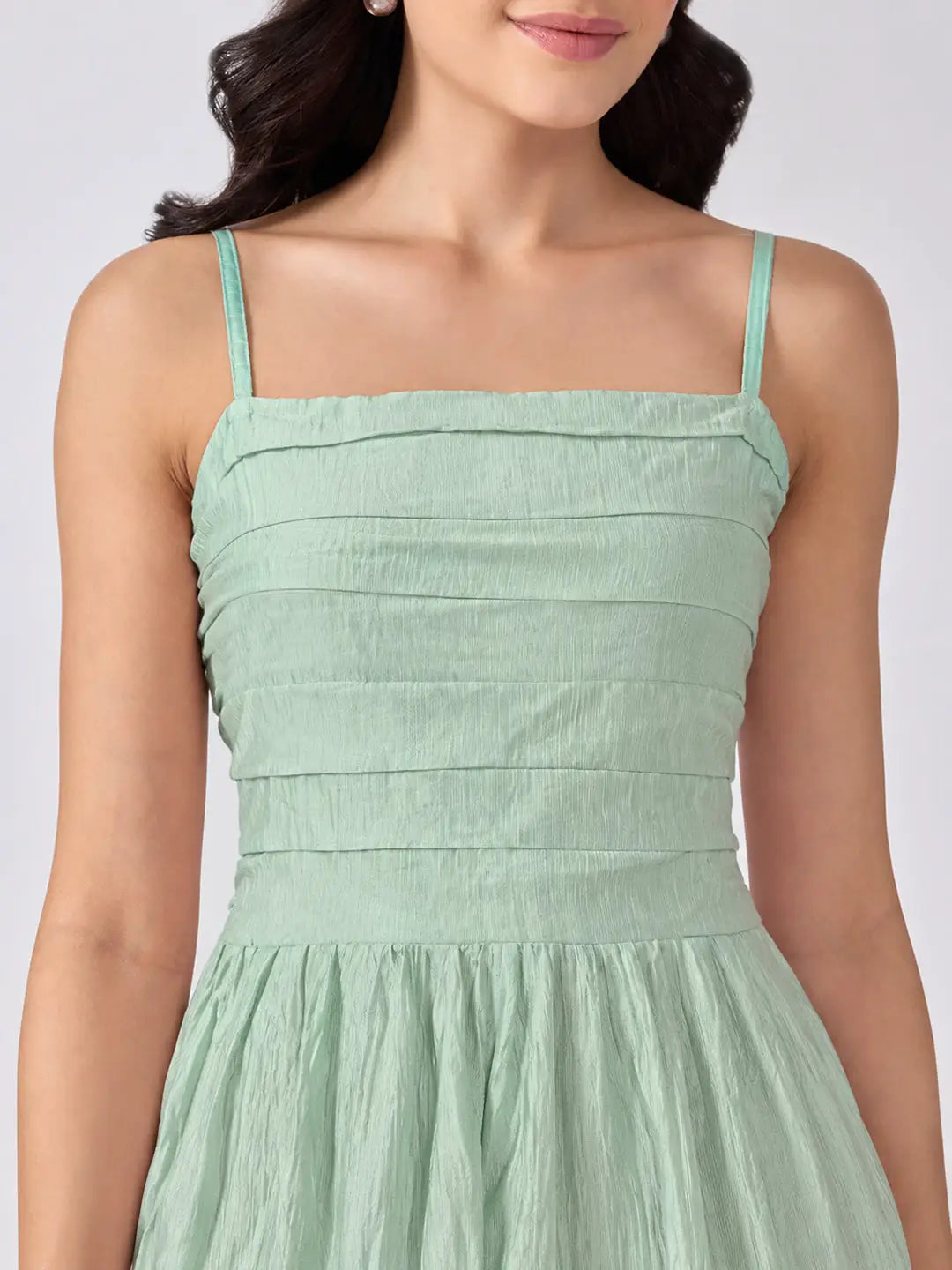 Women's Green Shoulder Strap Fit & Flare Tiered Maxi Dress