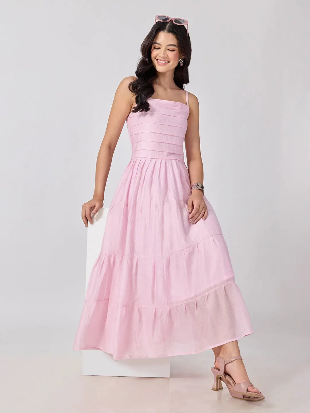 Women's Pink Shoulder Strap Fit & Flare Tiered Maxi Dress
