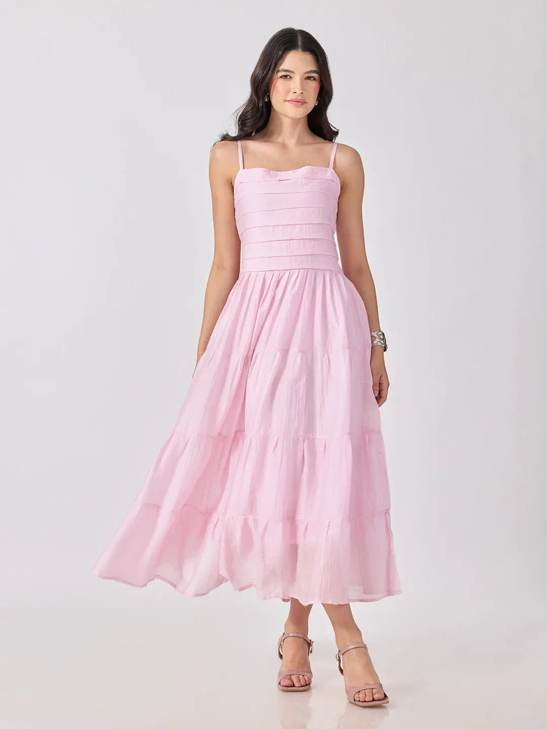 Women's Pink Shoulder Strap Fit & Flare Tiered Maxi Dress