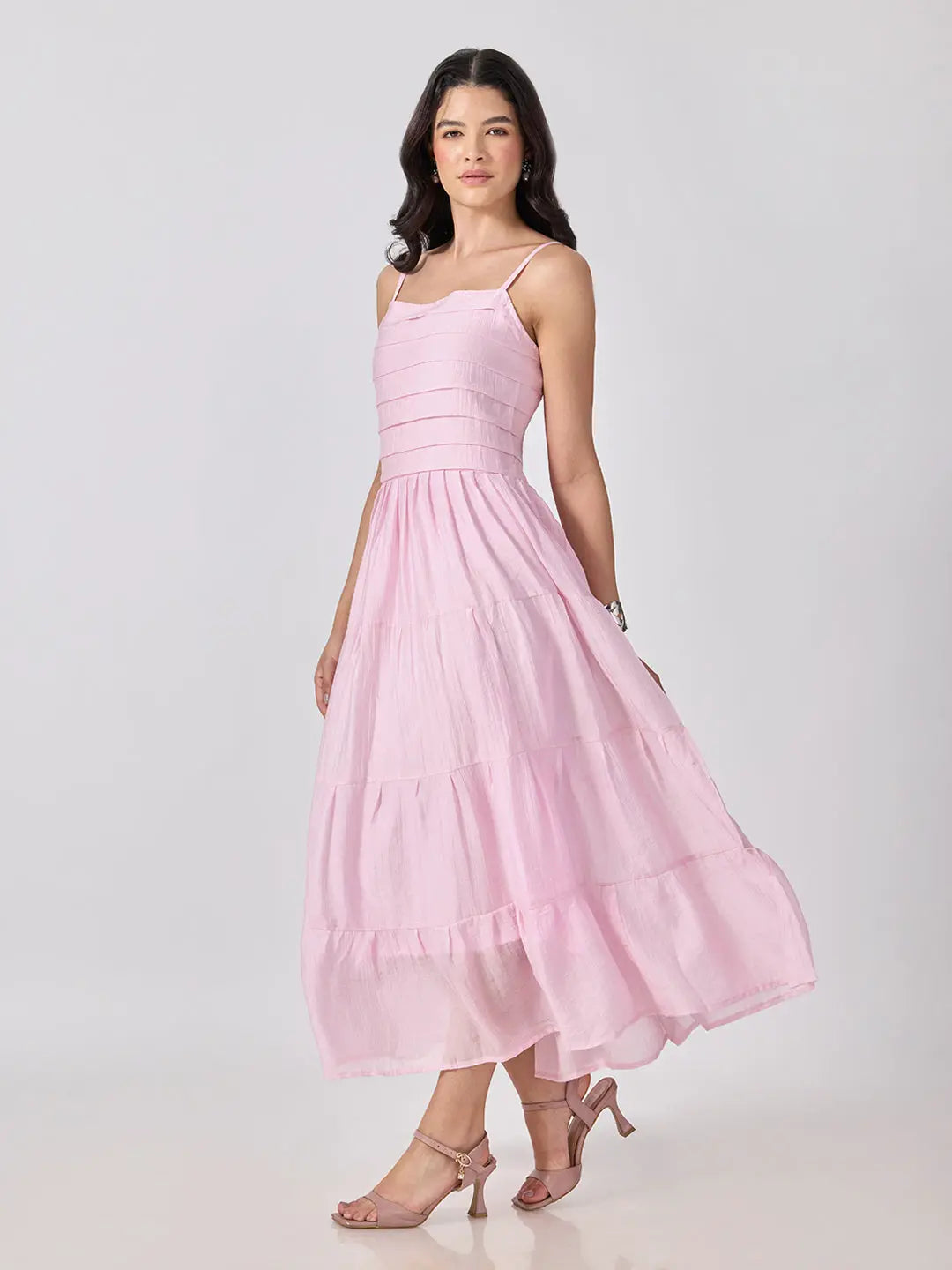 Women's Pink Shoulder Strap Fit & Flare Tiered Maxi Dress
