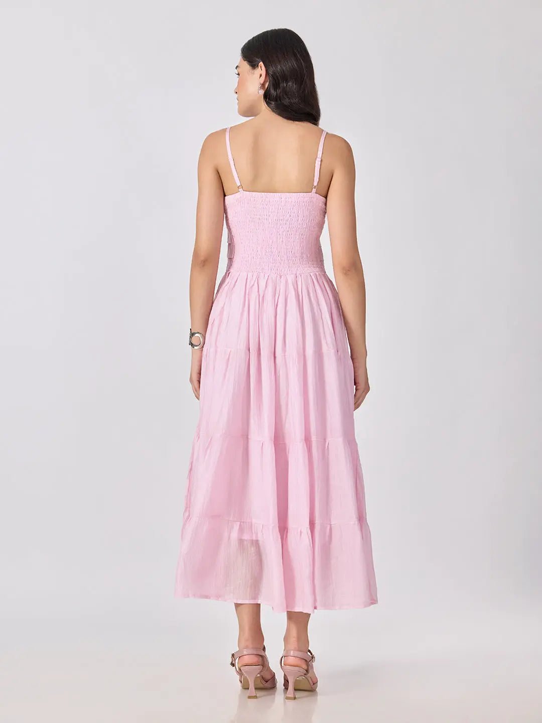 Women's Pink Shoulder Strap Fit & Flare Tiered Maxi Dress