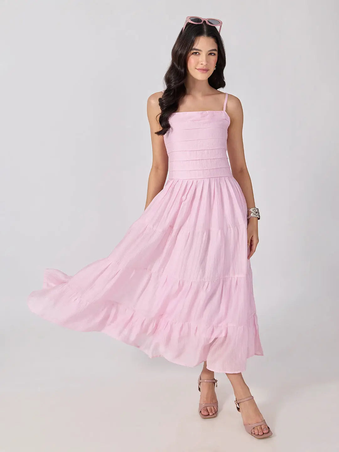 Women's Pink Shoulder Strap Fit & Flare Tiered Maxi Dress