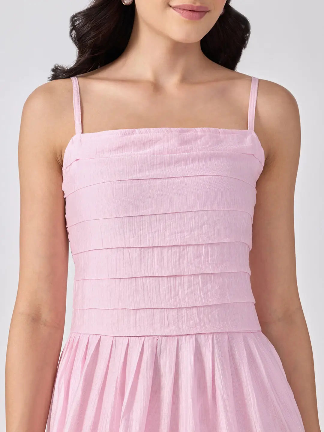 Women's Pink Shoulder Strap Fit & Flare Tiered Maxi Dress