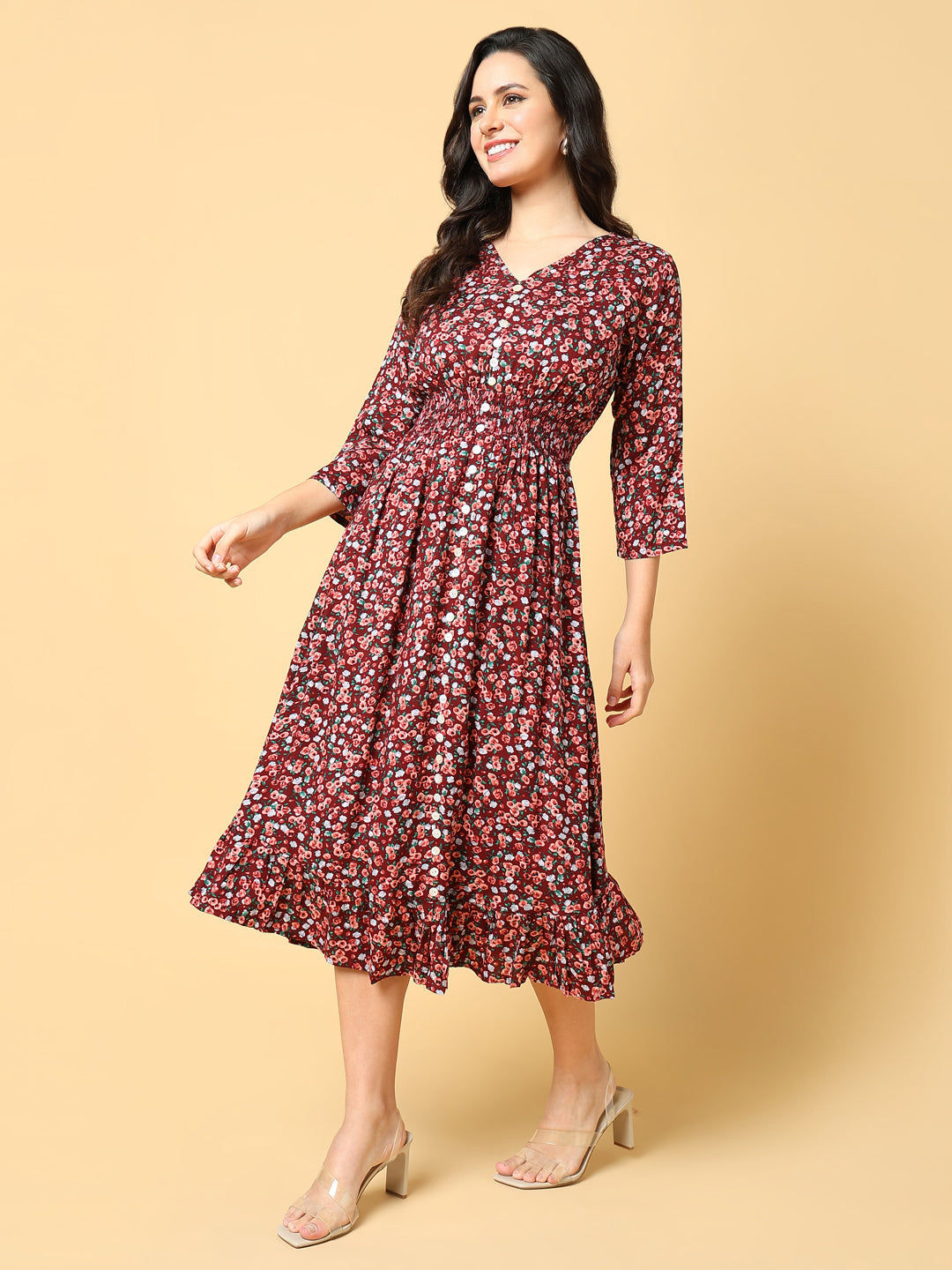 Women Printed Maroon Fit and Flare Dress