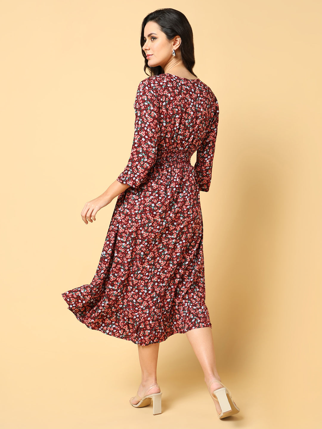 Women Printed Maroon Fit and Flare Dress