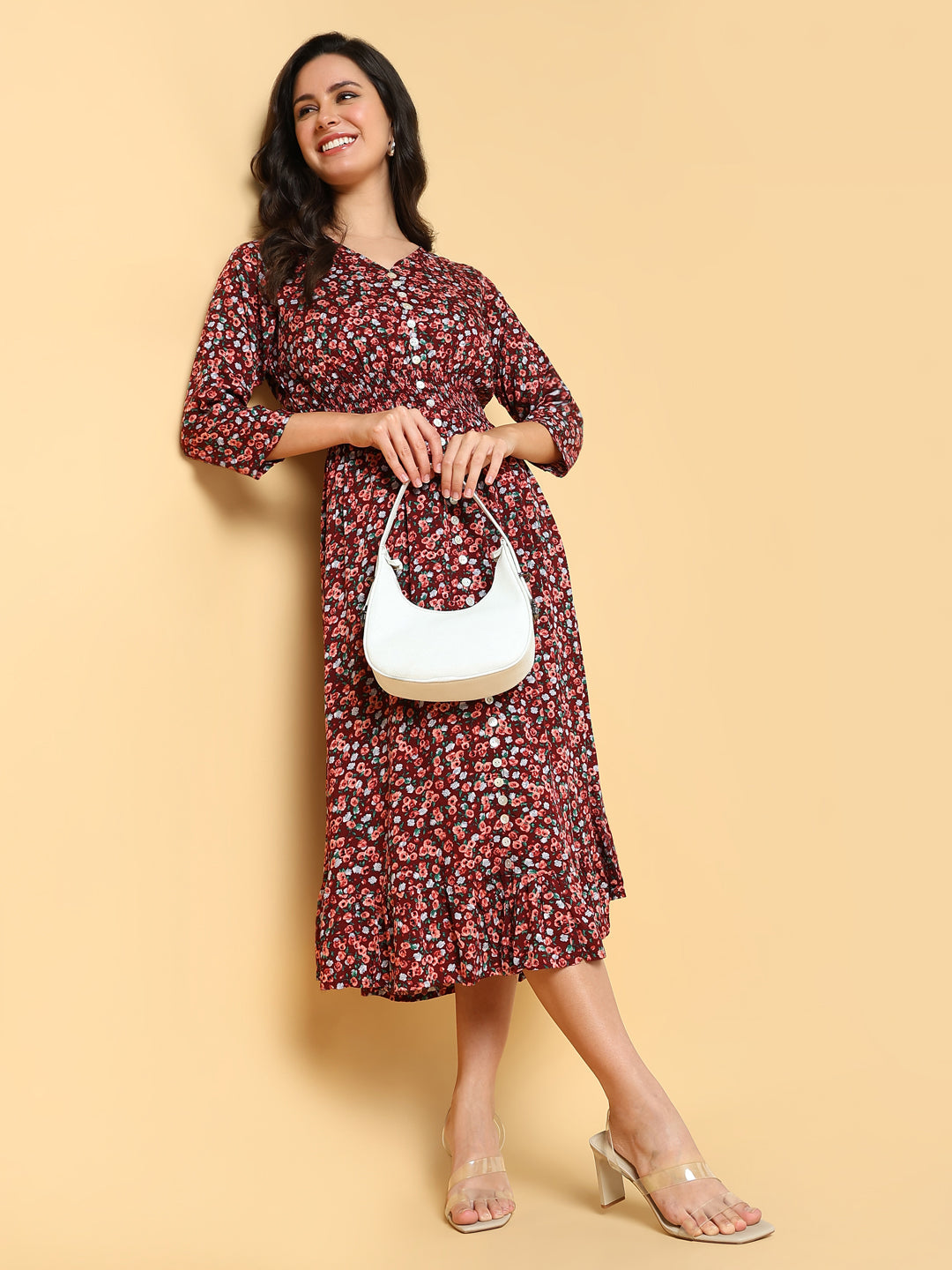 Women Printed Maroon Fit and Flare Dress