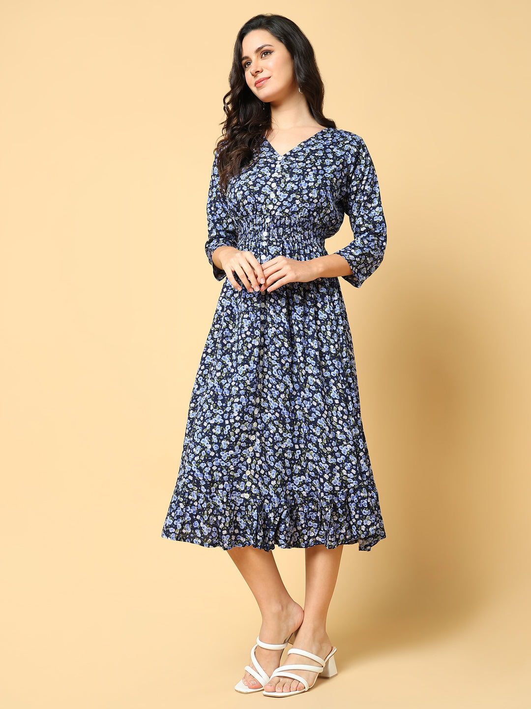 Women Printed Navy Blue Fit and Flare Dress