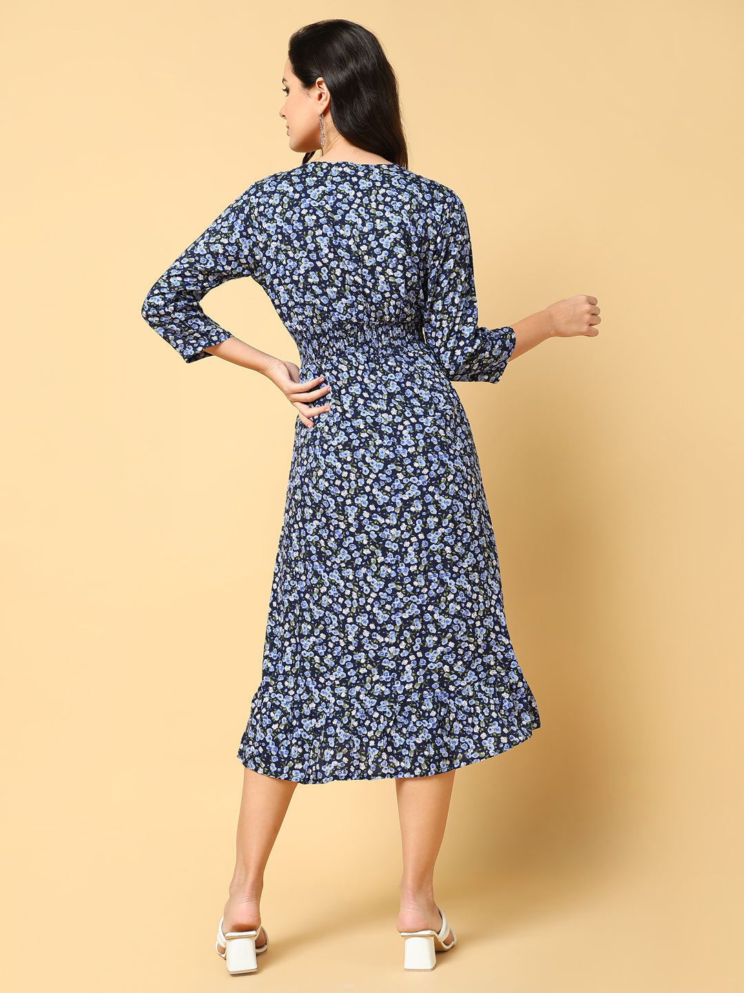 Women Printed Navy Blue Fit and Flare Dress