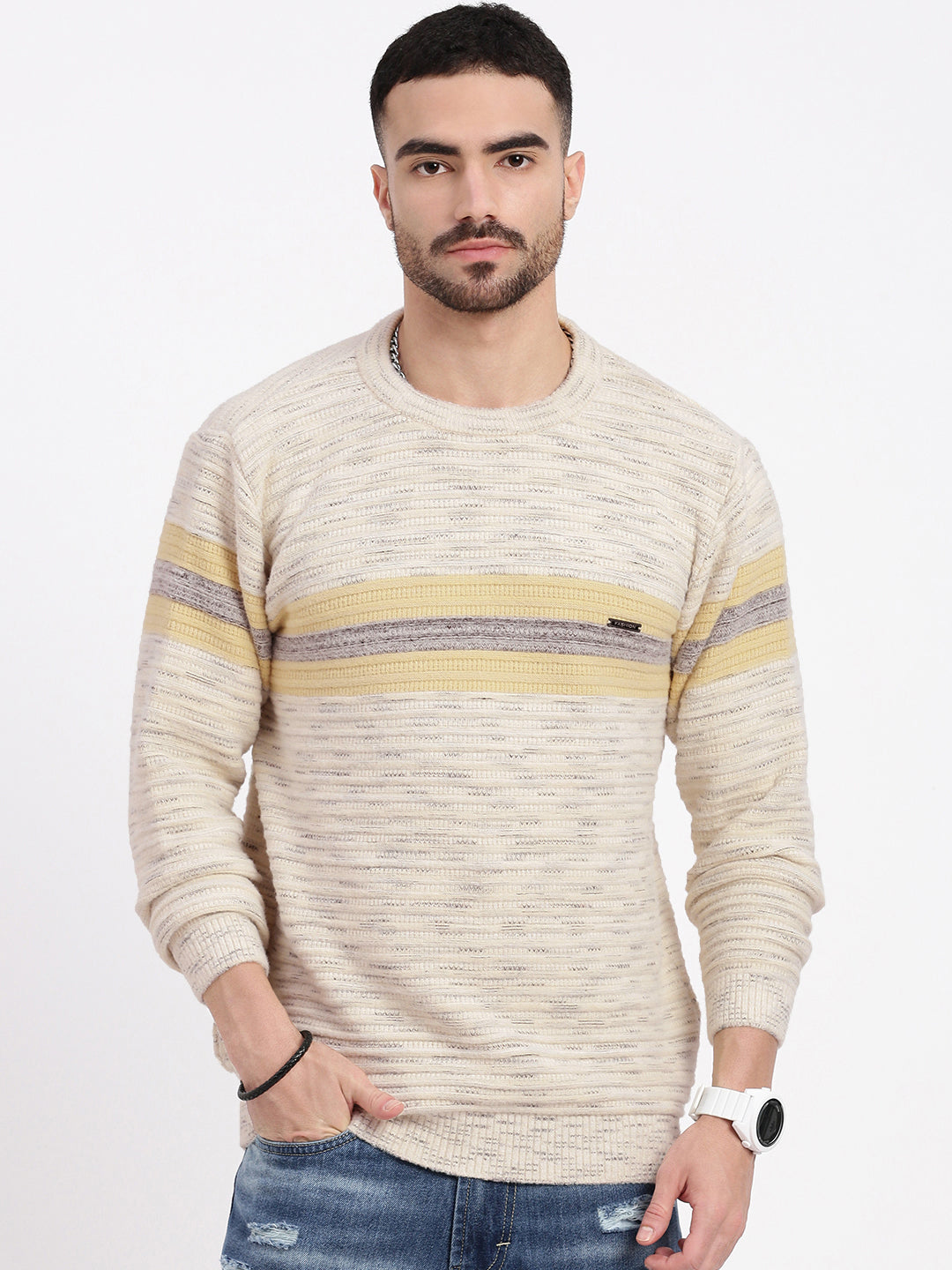 Men Cream Striped Sweater