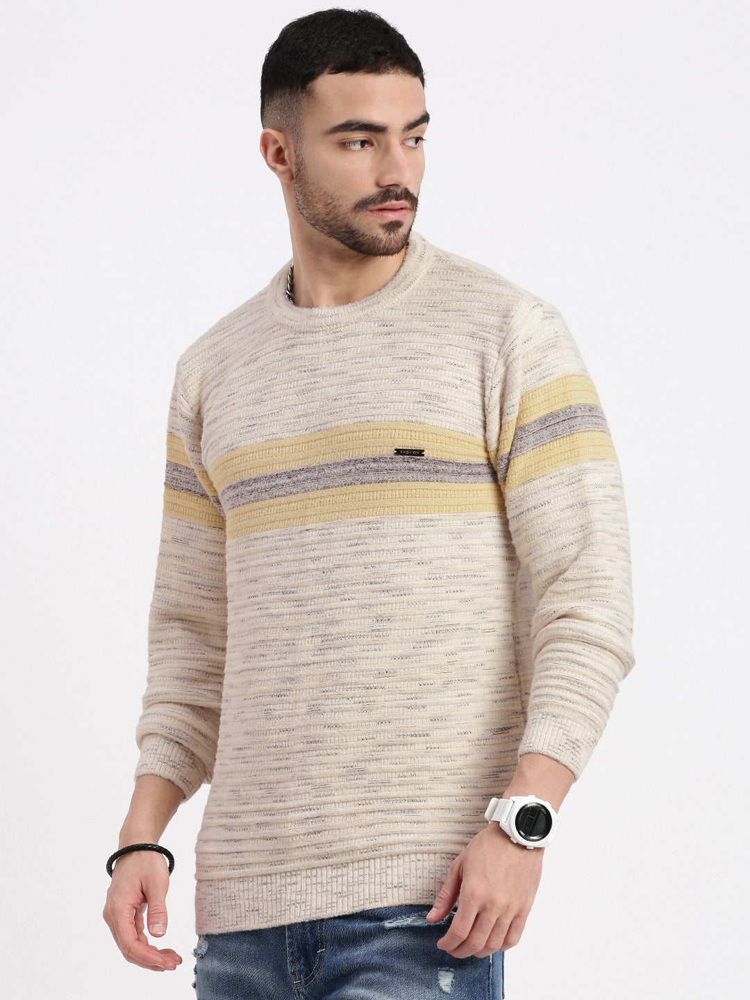 Men Cream Striped Sweater