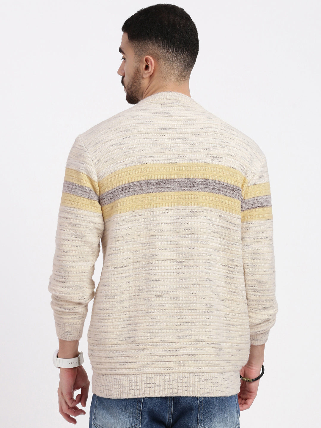 Men Cream Striped Sweater