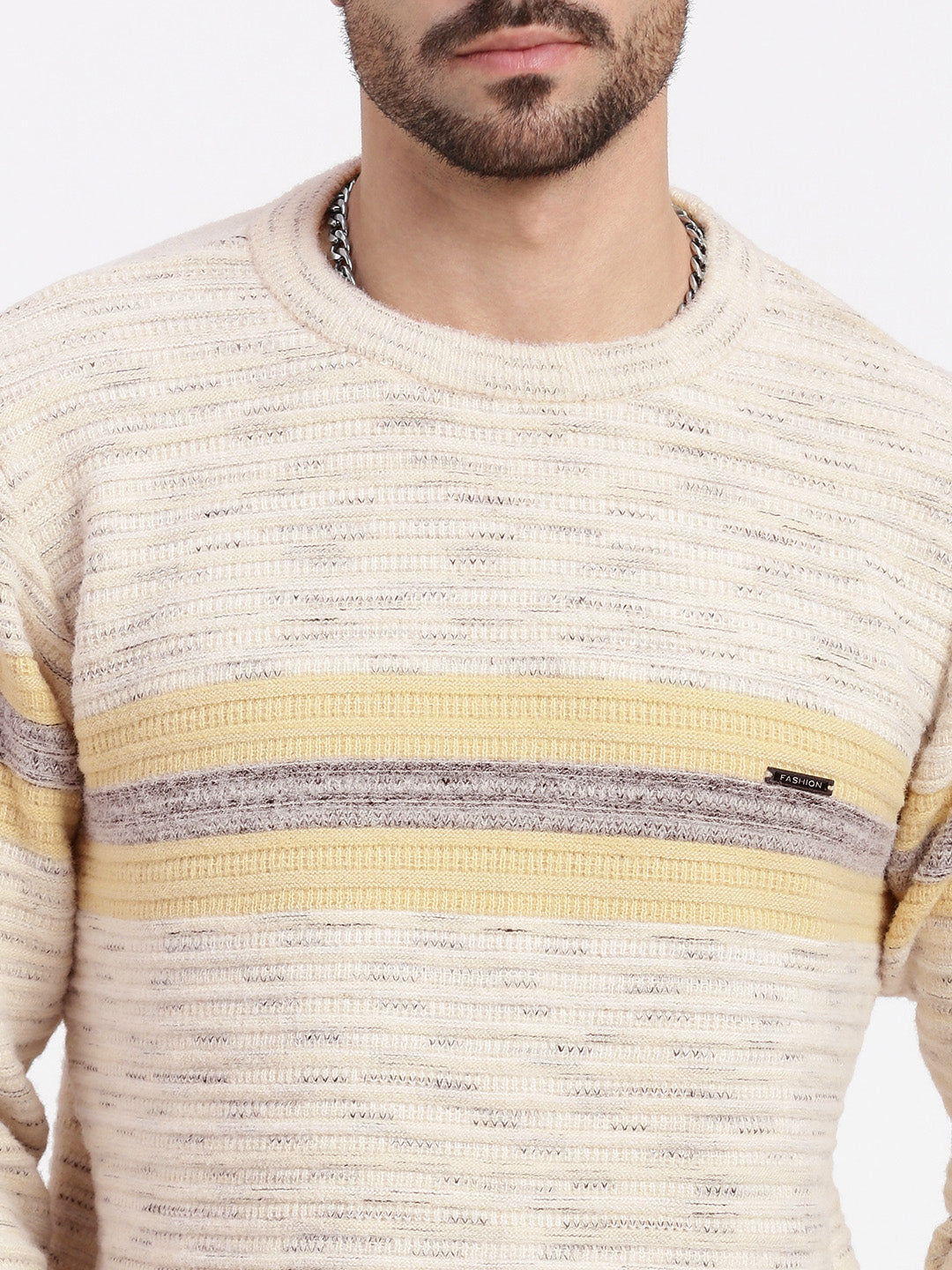 Men Cream Striped Sweater