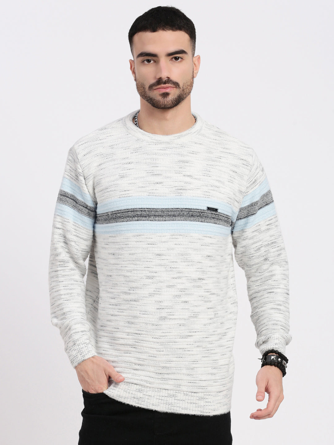 Men White Striped Sweater