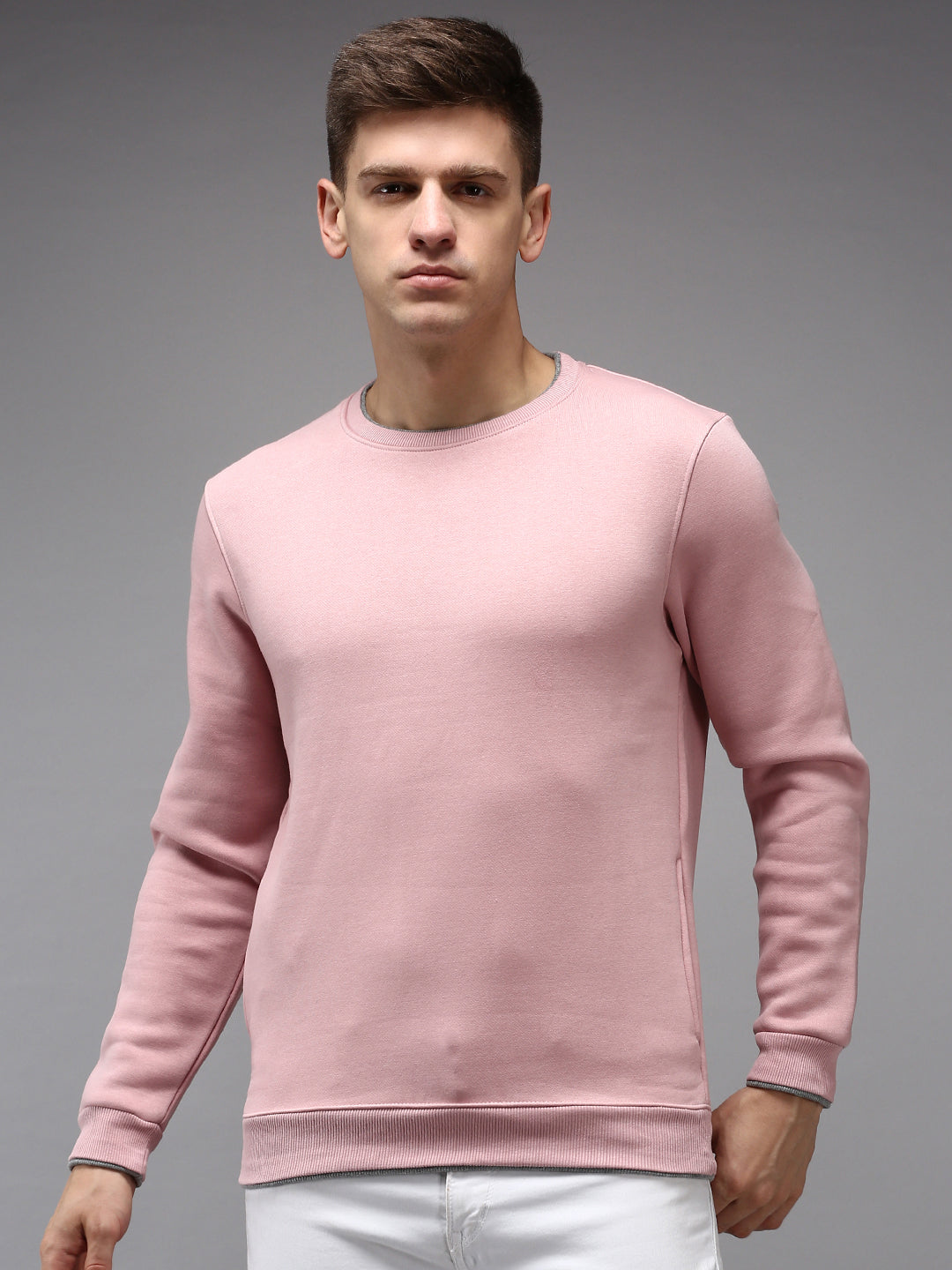 Men Round Neck Solid Pink Pullover