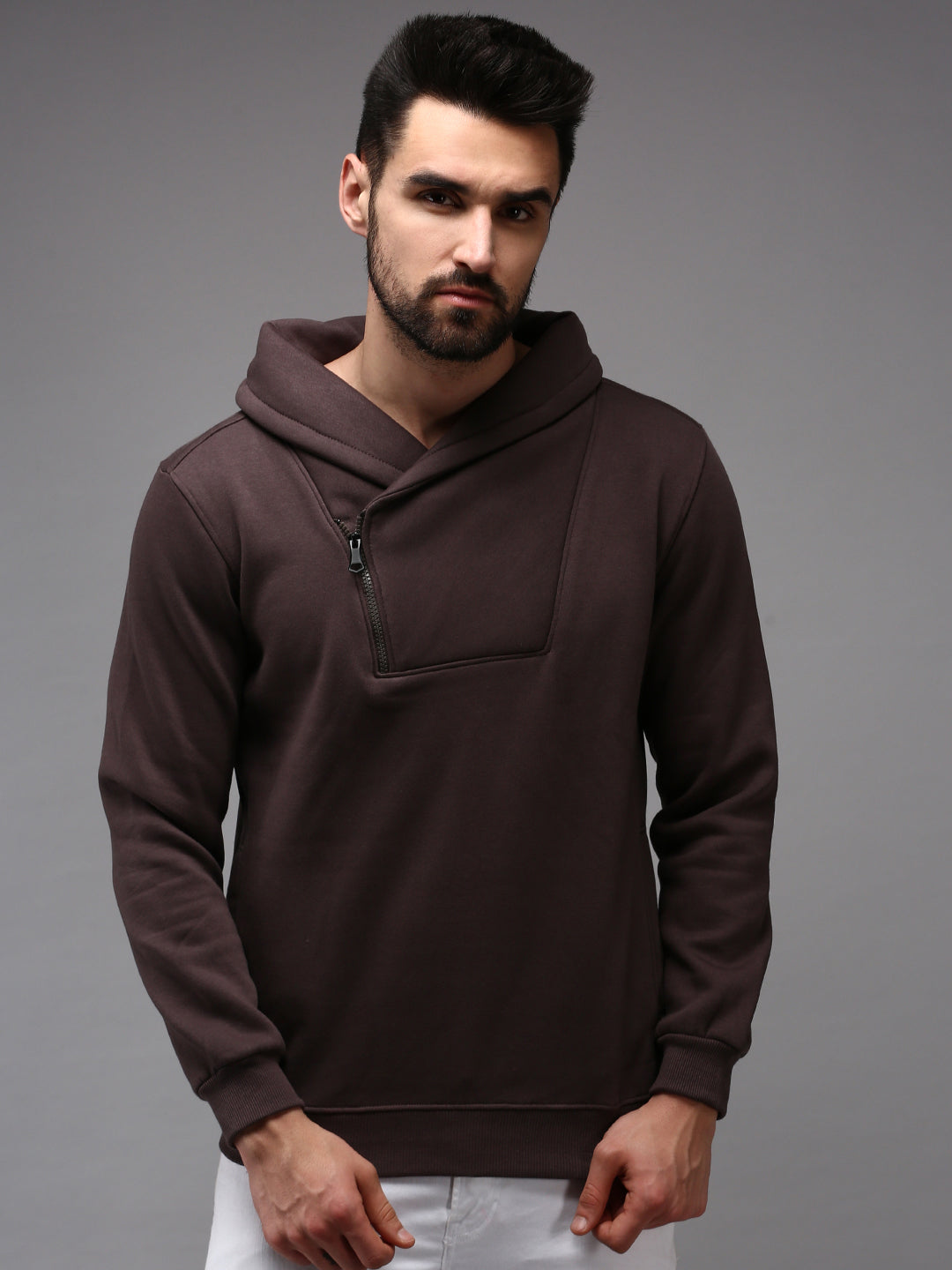 Men Collared Solid Brown Pullover