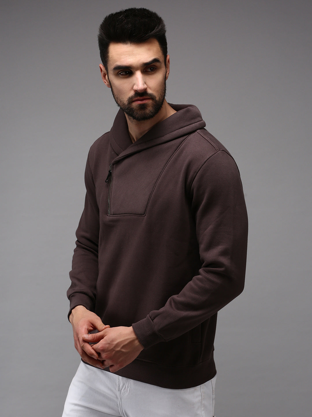 Men Collared Solid Brown Pullover