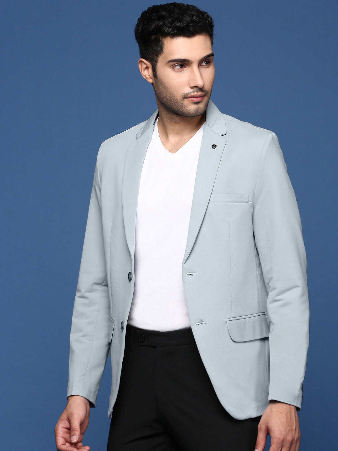 Men Blue Solid Single Breasted Blazer