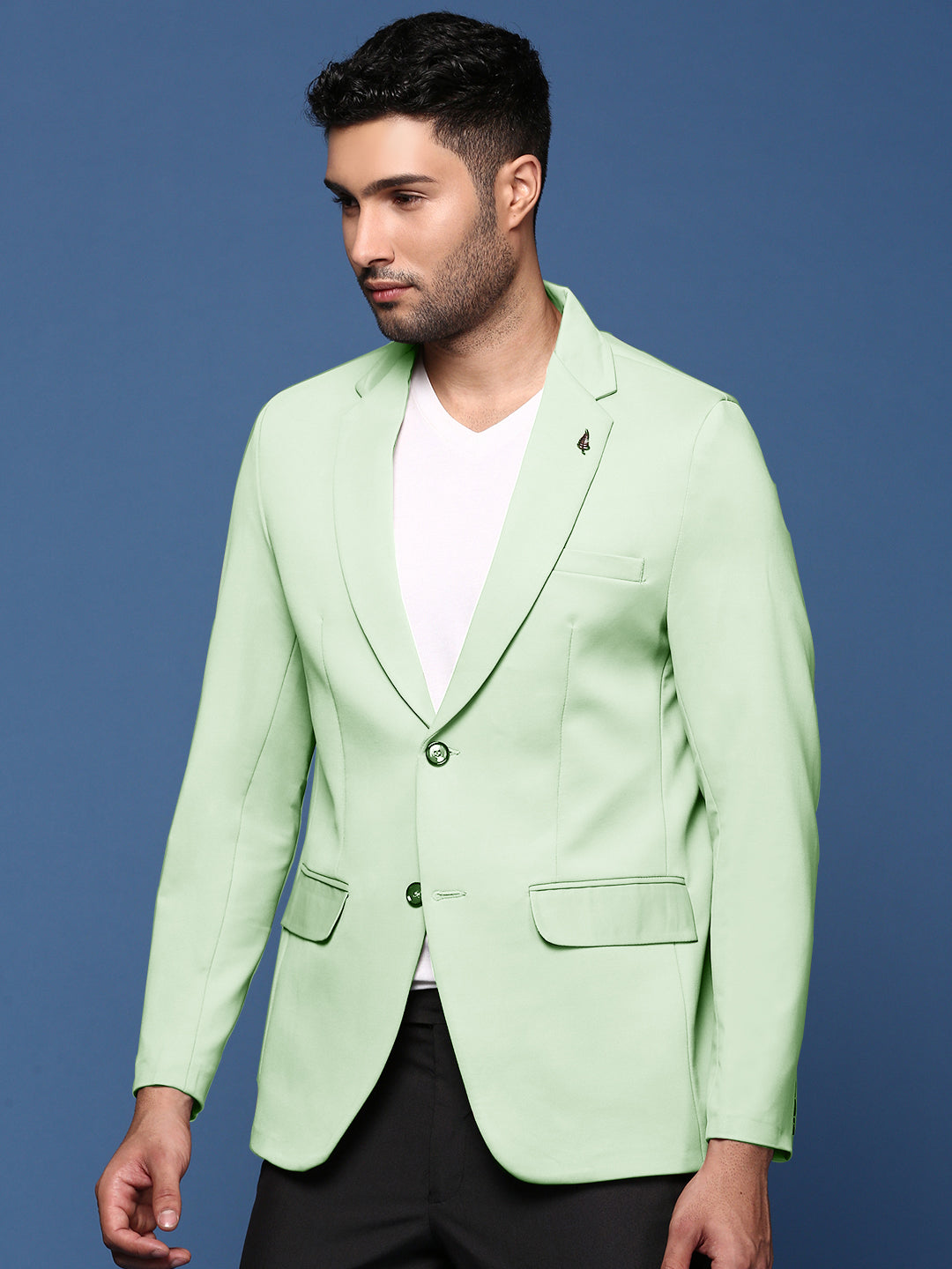 Men Green Solid Single Breasted Blazer