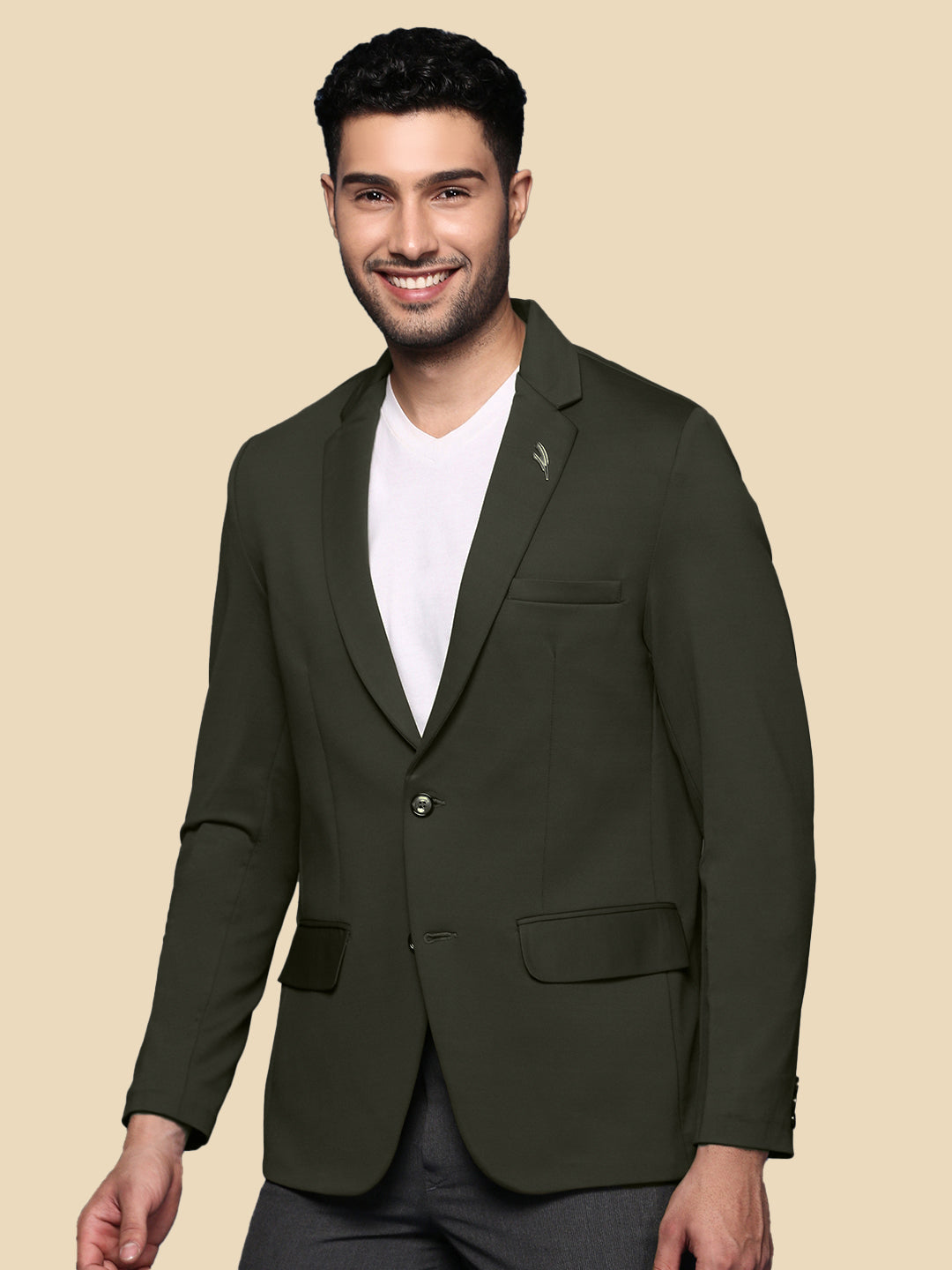 Men Green Solid Single Breasted Blazer