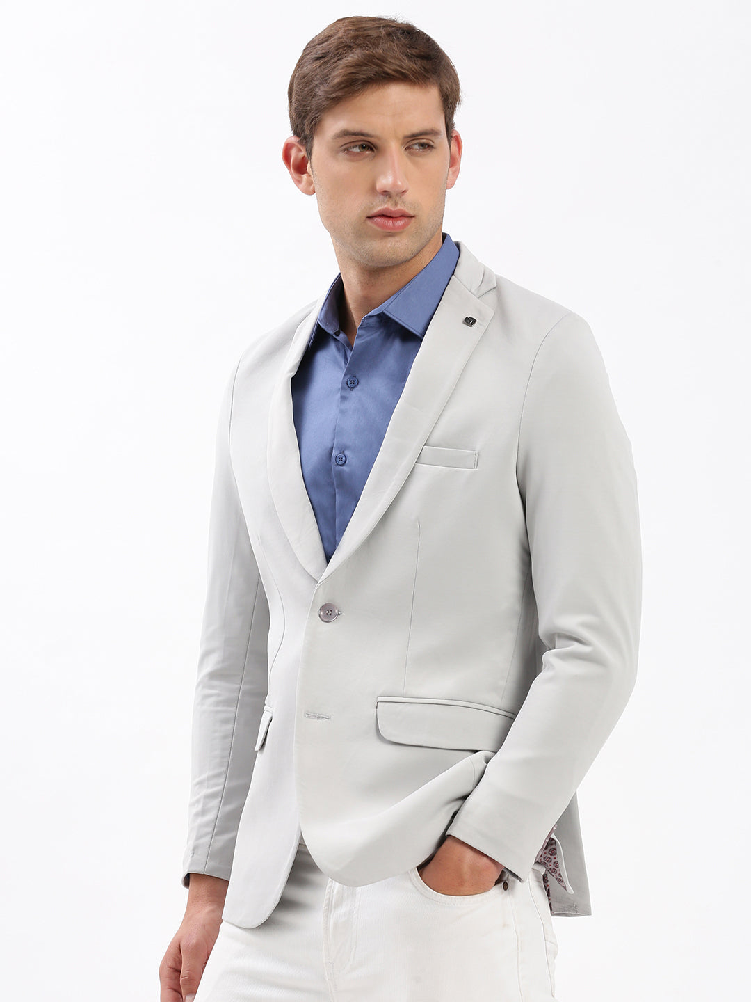 Men Grey Solid Single Breasted Blazer