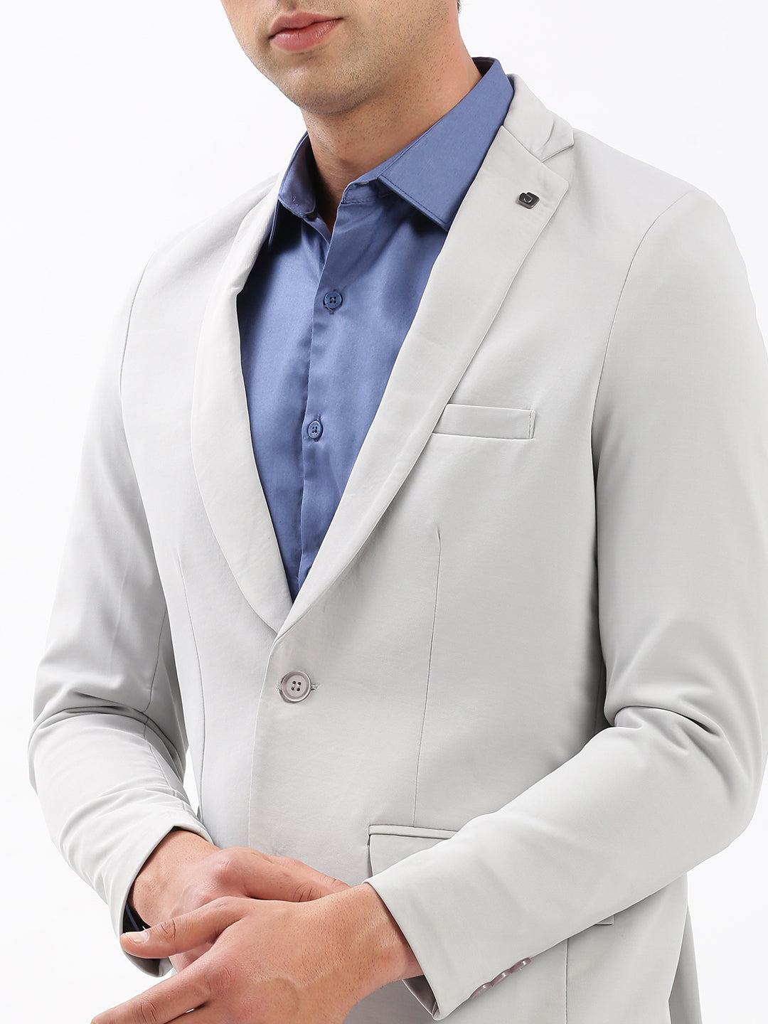 Men Grey Solid Single Breasted Blazer