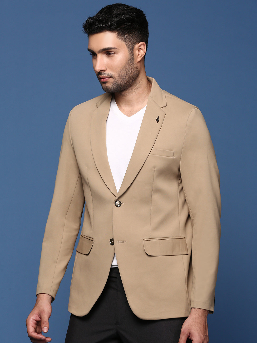 Men Khaki Slim Fit Single Breasted Blazer