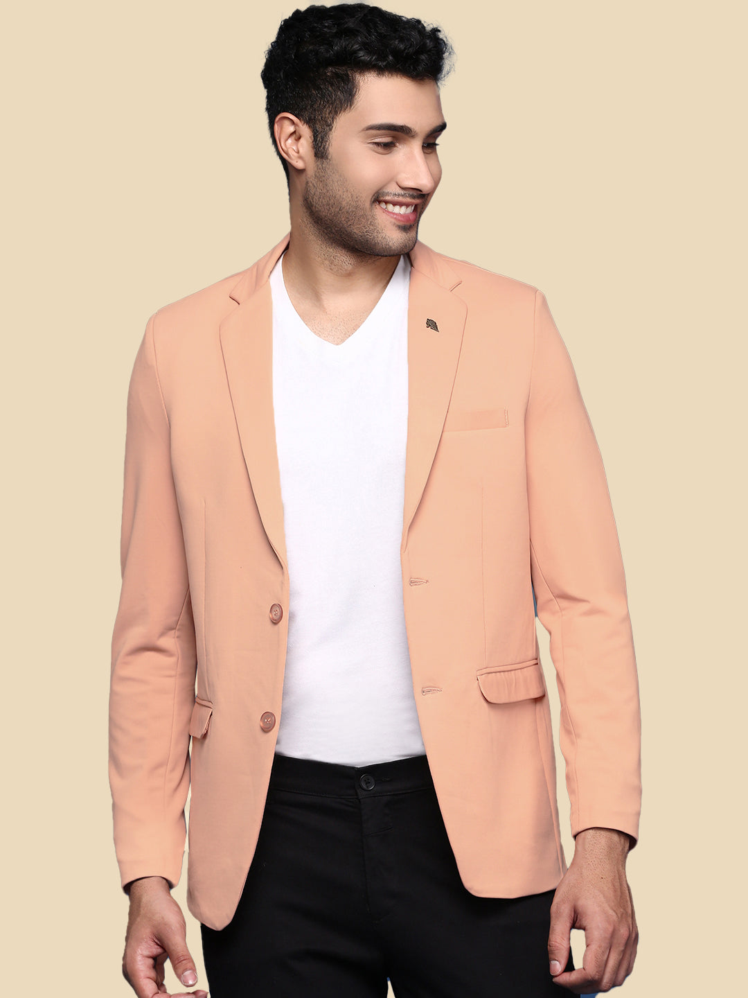 Men Peach Solid Single Breasted Blazer