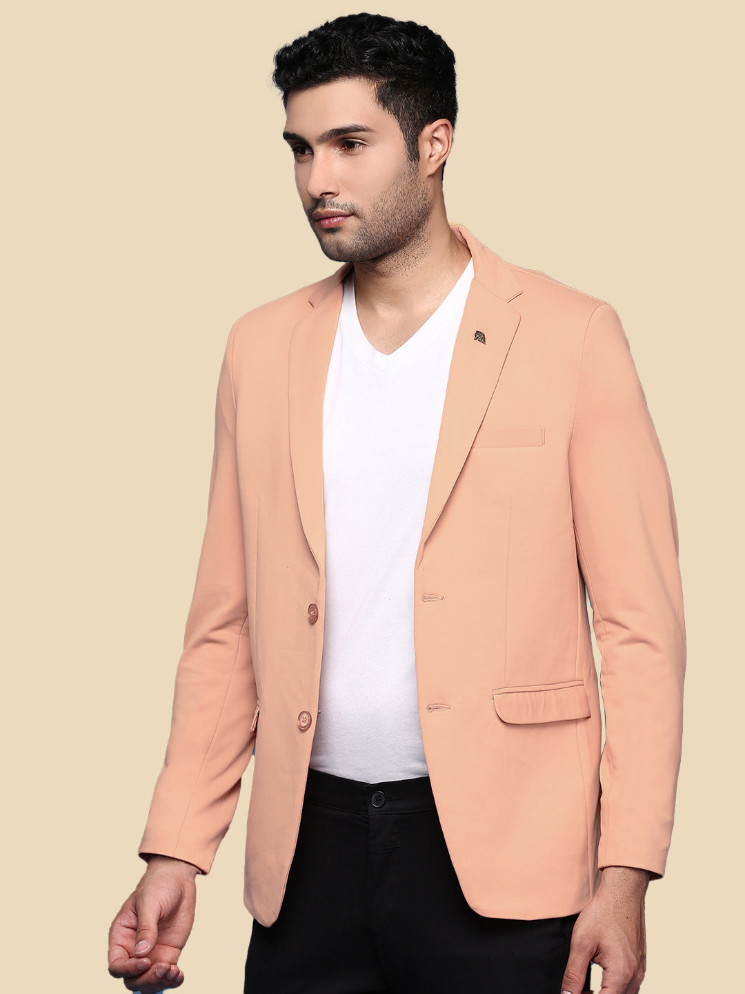 Men Peach Solid Single Breasted Blazer