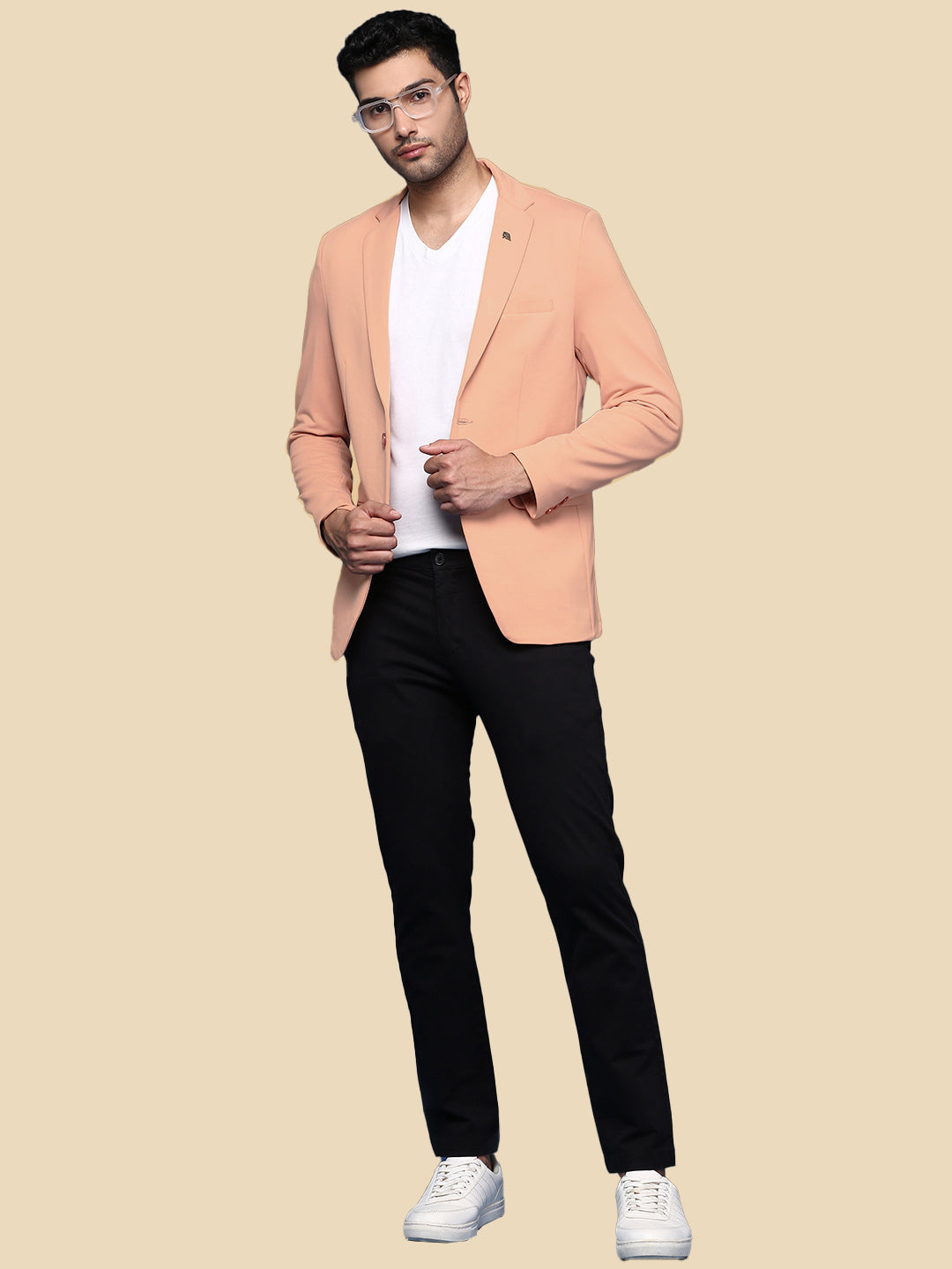 Men Peach Solid Single Breasted Blazer