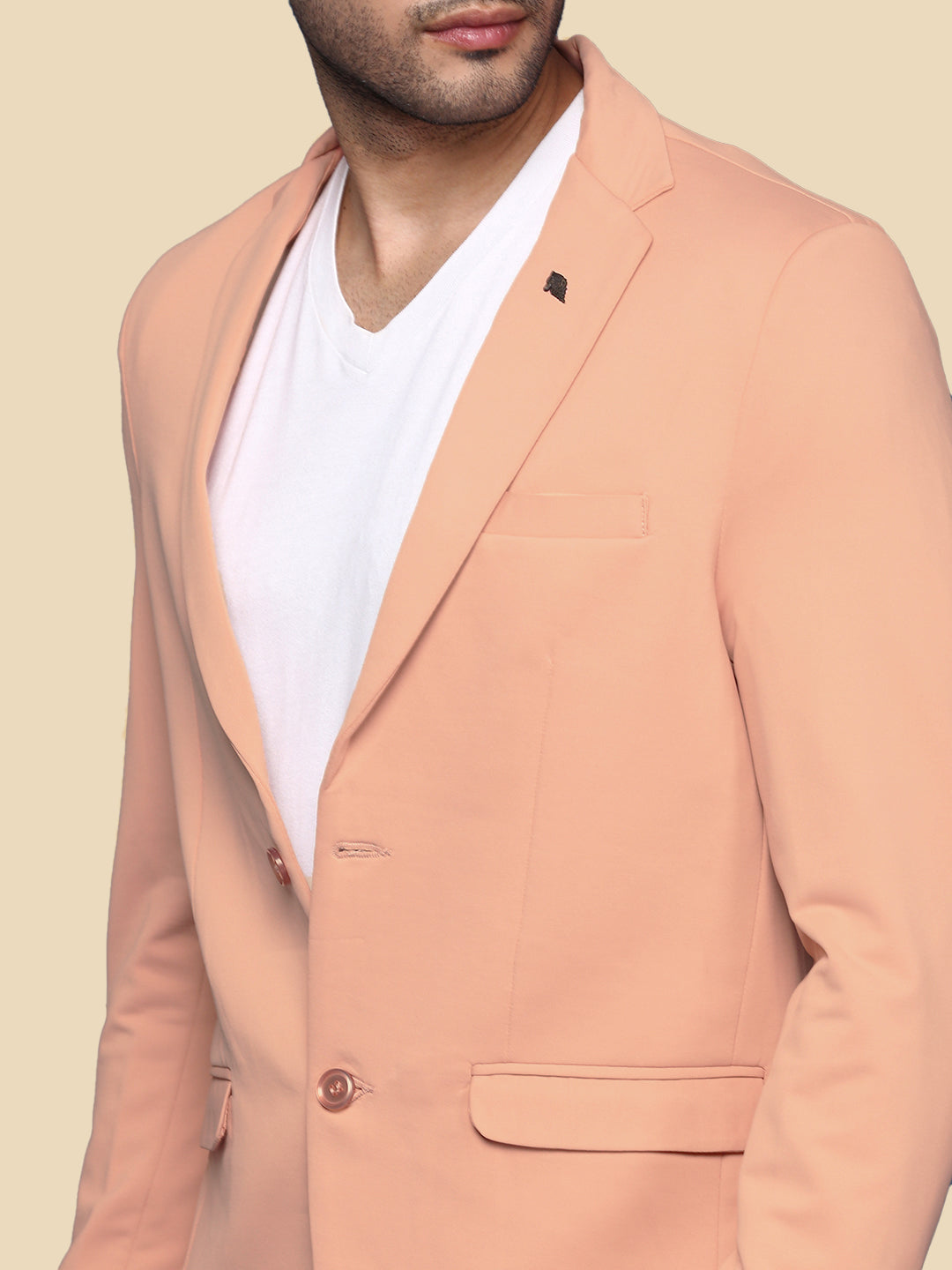 Men Peach Solid Single Breasted Blazer