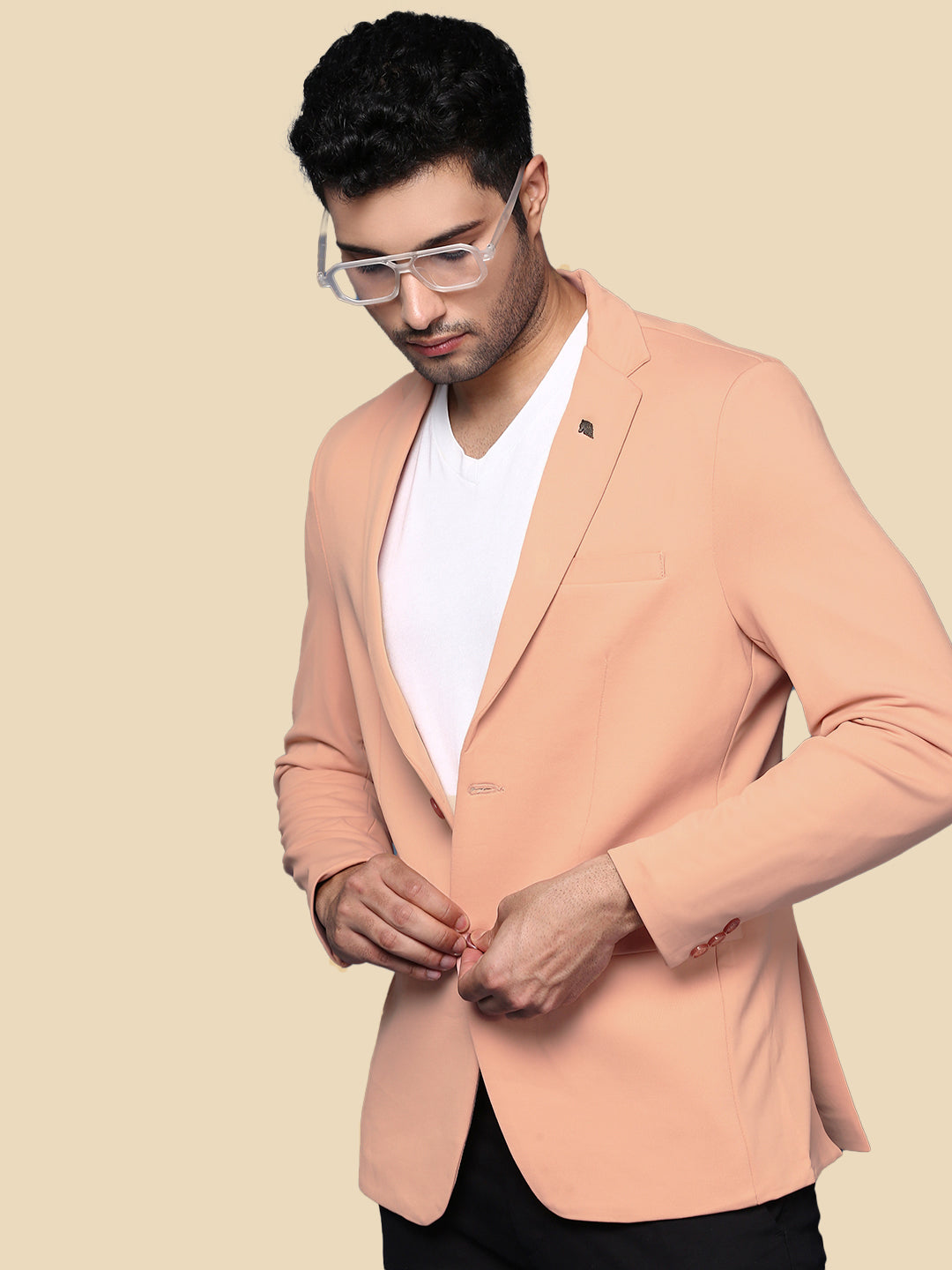 Men Peach Solid Single Breasted Blazer