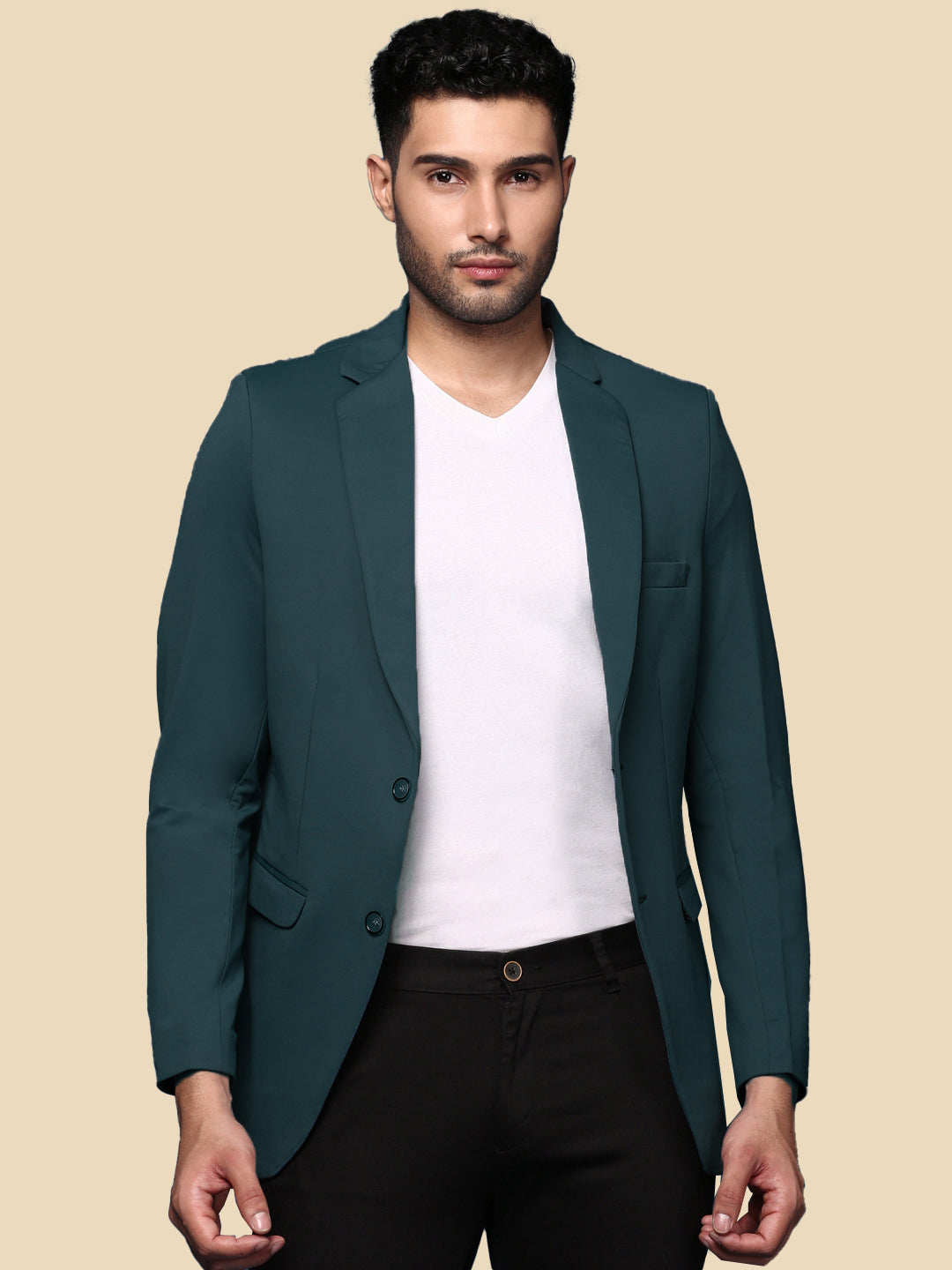 Men Teal Solid Single Breasted Blazer