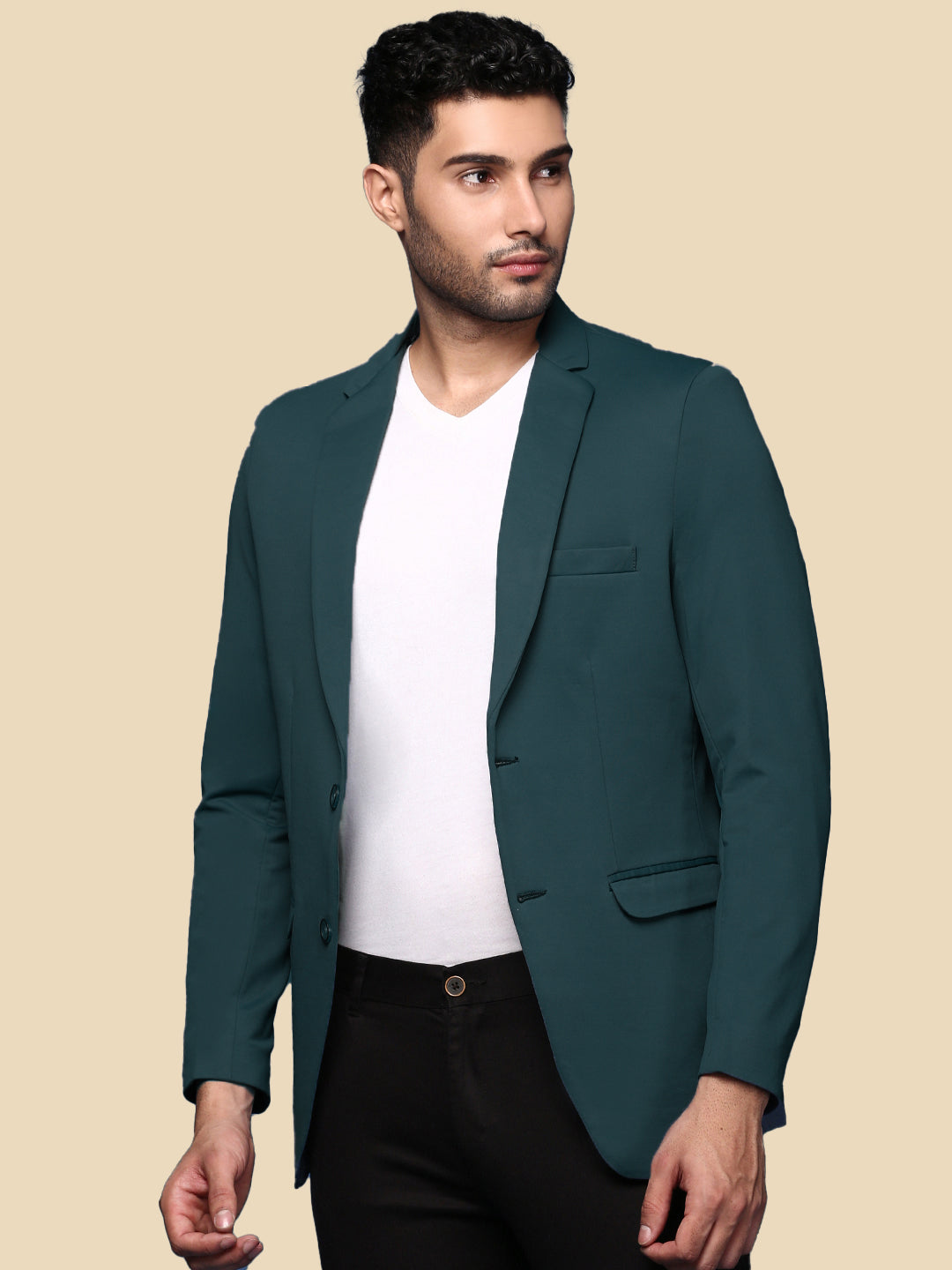 Men Teal Solid Single Breasted Blazer