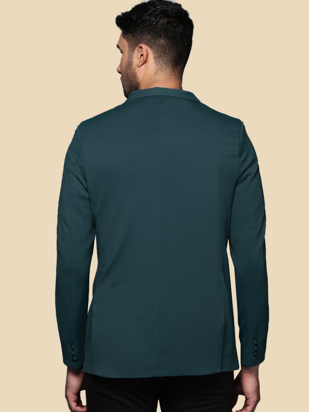 Men Teal Solid Single Breasted Blazer