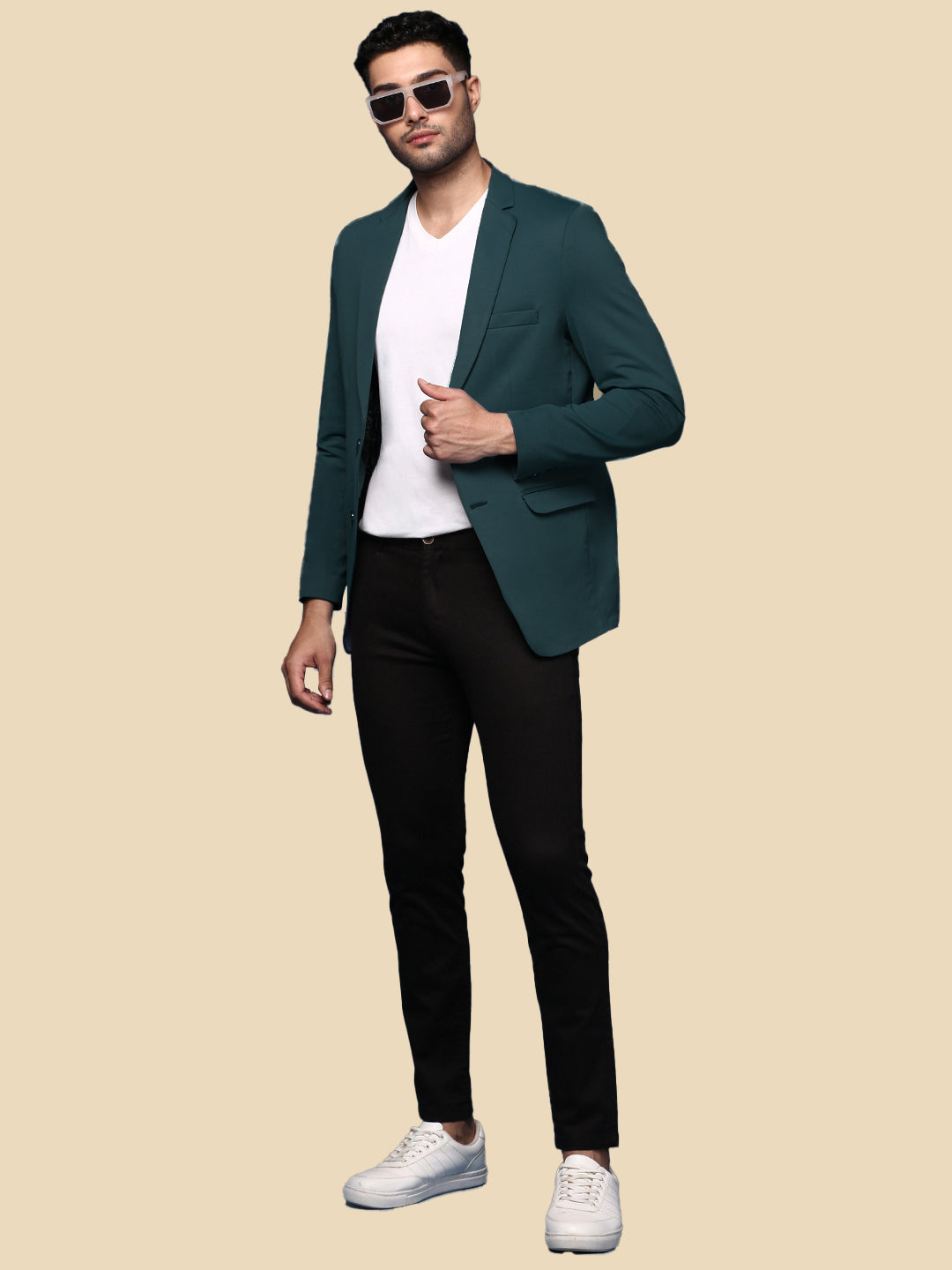 Men Teal Solid Single Breasted Blazer