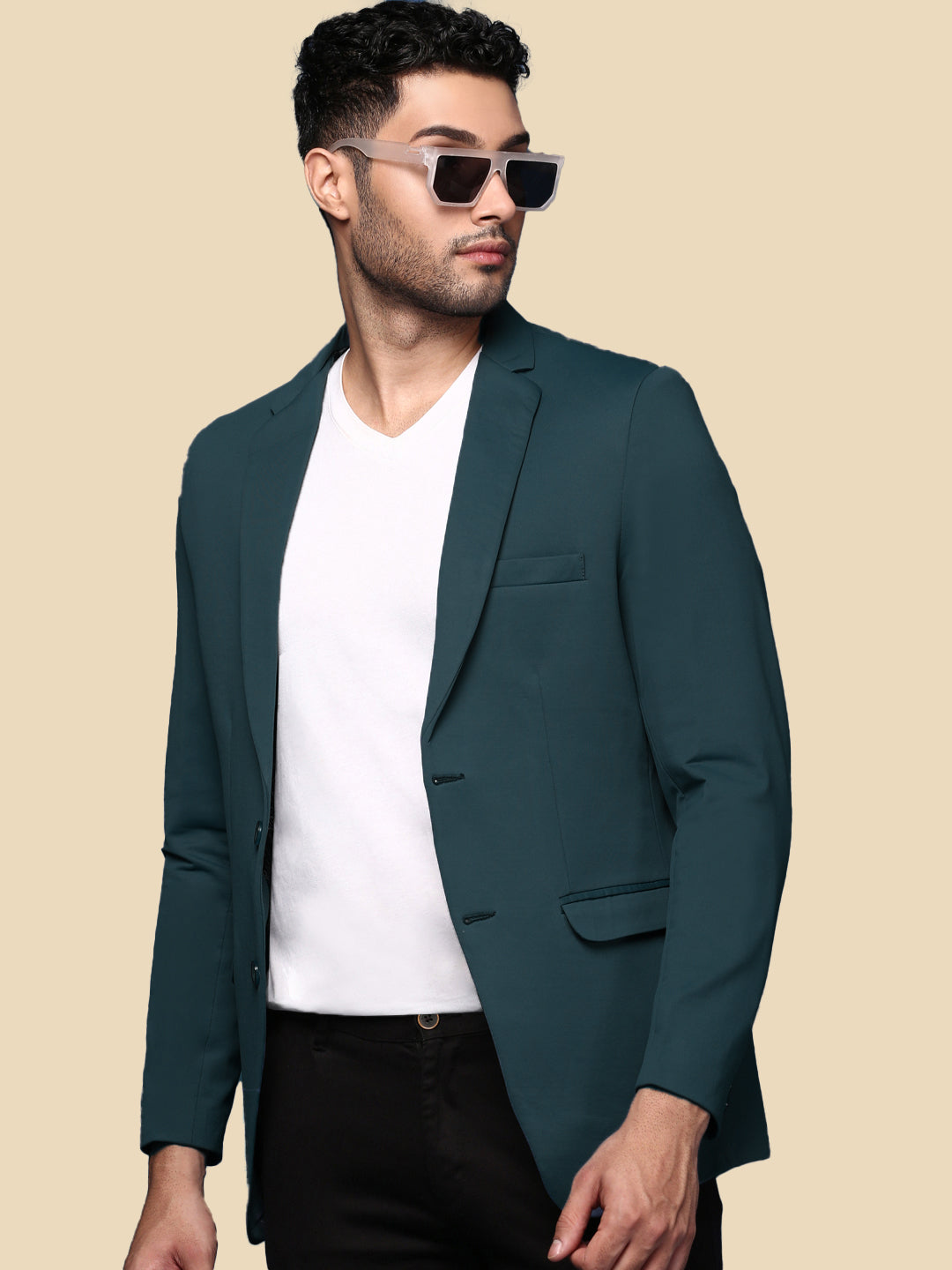 Men Teal Solid Single Breasted Blazer