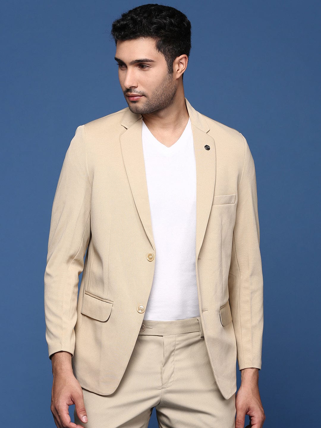 Buy Men's Beige Slim Fit Single Breasted Cotton Blazer Online