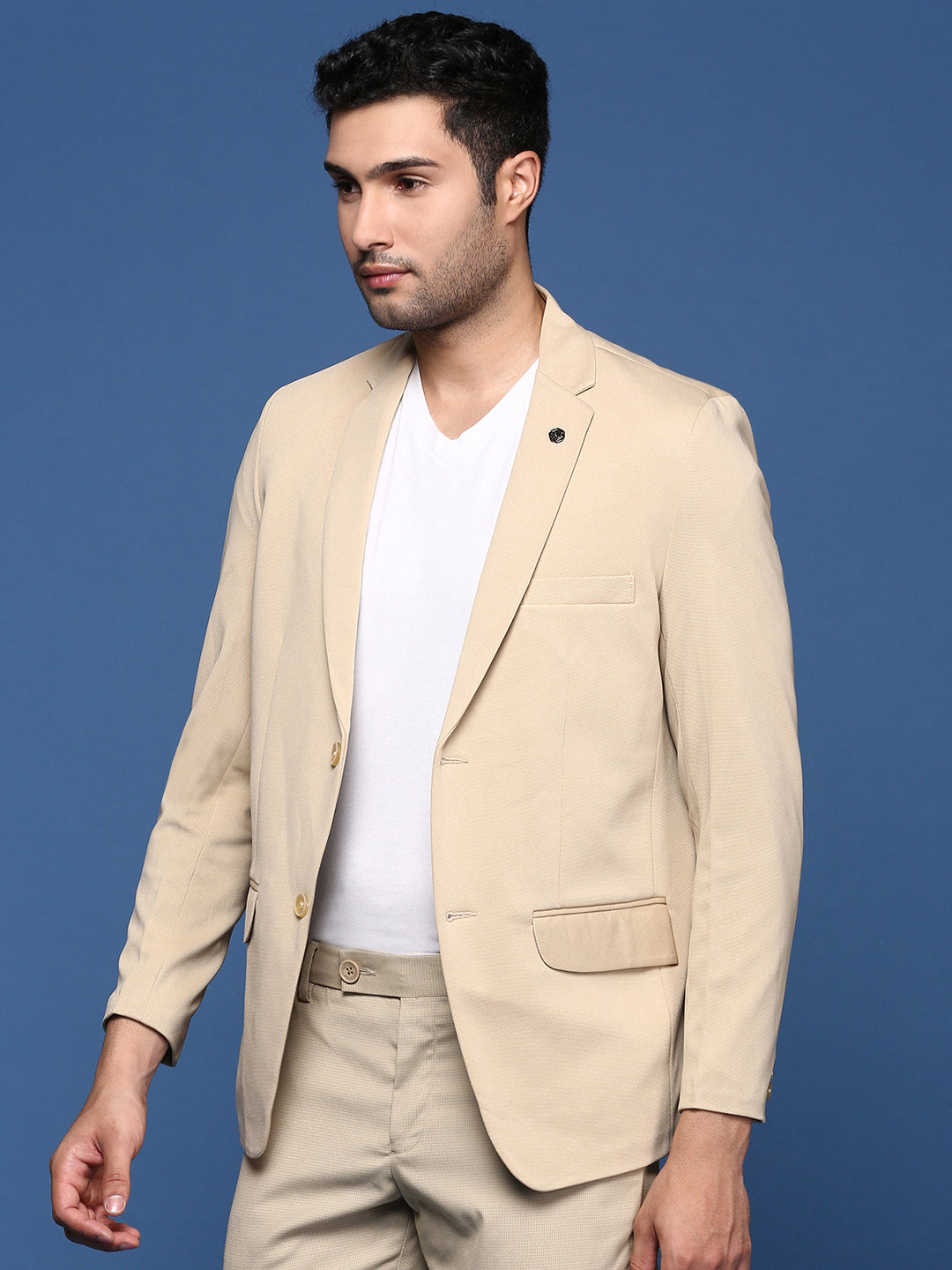 Men Beige Slim Fit Single Breasted Blazer